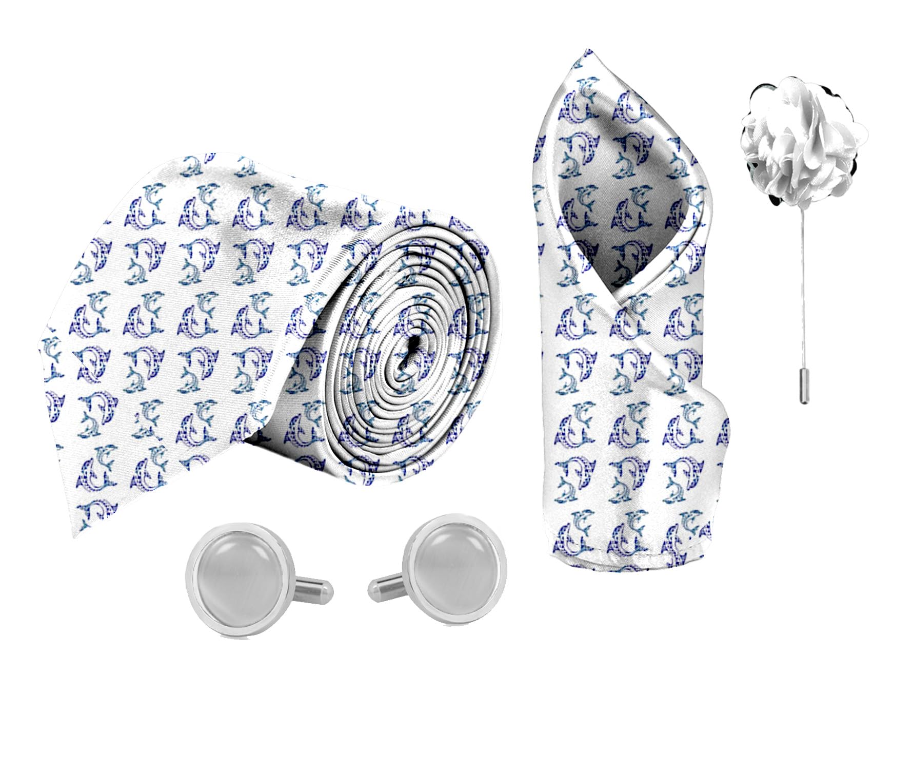 White & Blue Dolphin Printed Tie and Pocket Square Set for Men with Natural Stone Cufflink and Matching Flower Lapel Pin-image-26