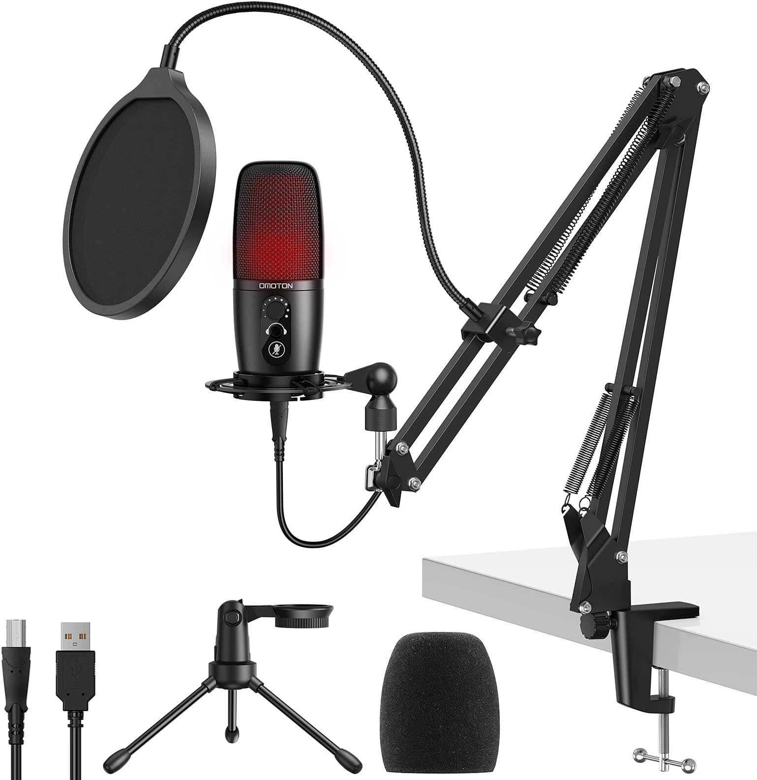 OMOTON PC Microphone USB Condenser, Podcast Mic Computer Gaming Professional Kit with Boom Arm for Studio, Recording,YouTube, Singing with Pop Filter Shock Mount for Laptop, Windows, Mac, PS4/PS5