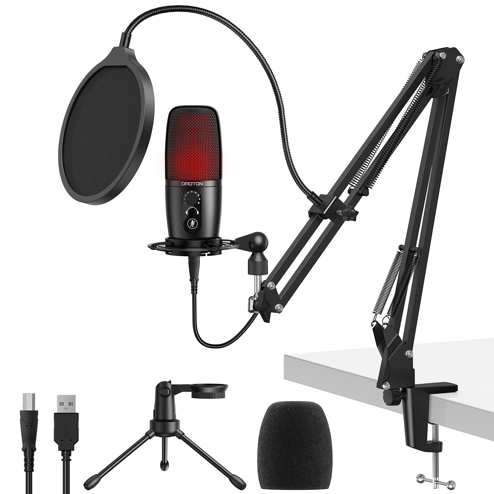 OMOTON PC Microphone USB Condenser, Podcast Mic Computer Gaming Professional Kit with Boom Arm for Studio, Recording,YouTube, Singing with Pop Filter Shock Mount for Laptop, Windows, Mac, PS4/PS5