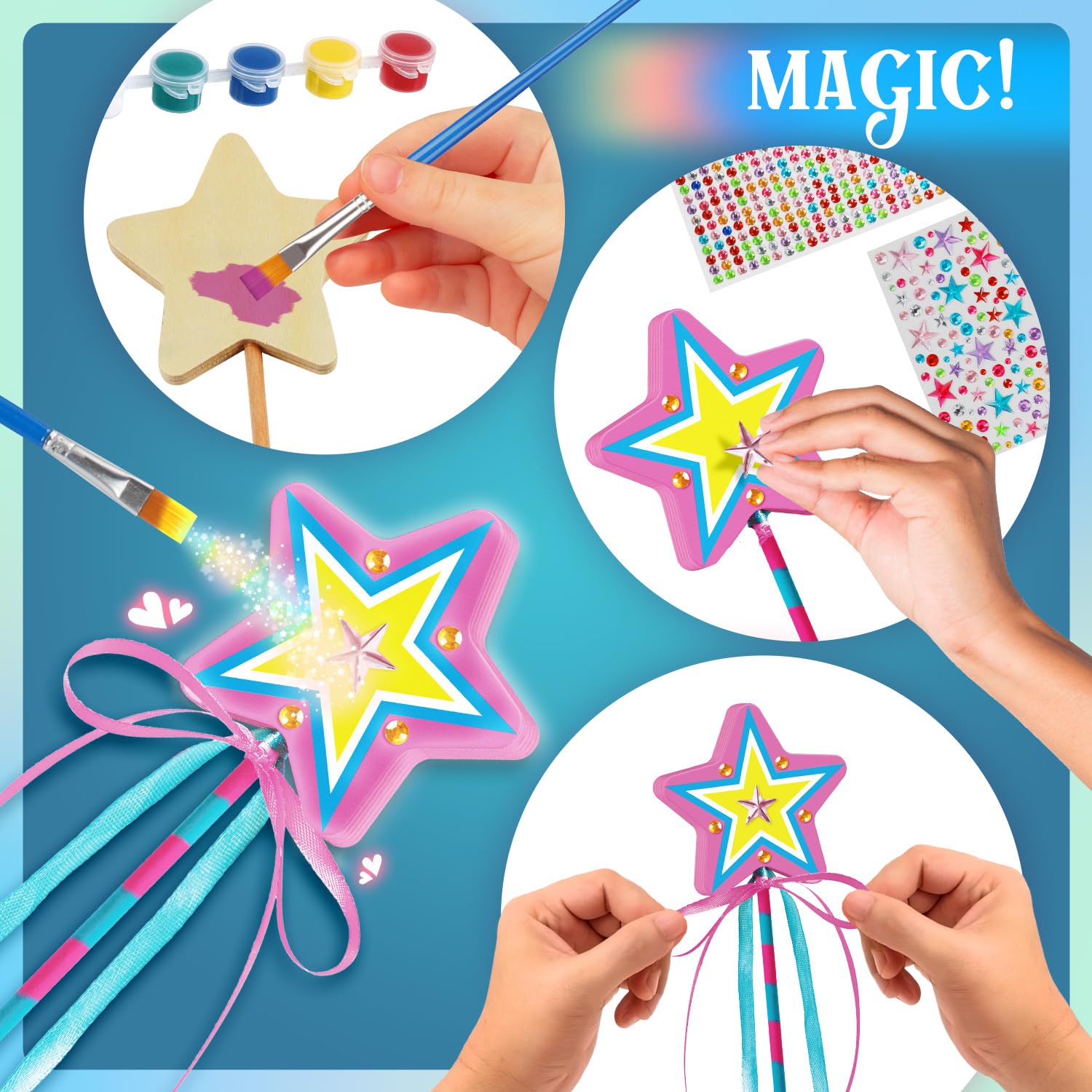 34 Pcs Make Your Own Princess Wand Kit 16 Unfinished Star Butterfly Crown Moon Fairy Wood Stick 6 Gem Stickers 4 Satin Ribbons 8 Mesh Decor For Princess Cosplay Party Accessories Diy Art Craft Making