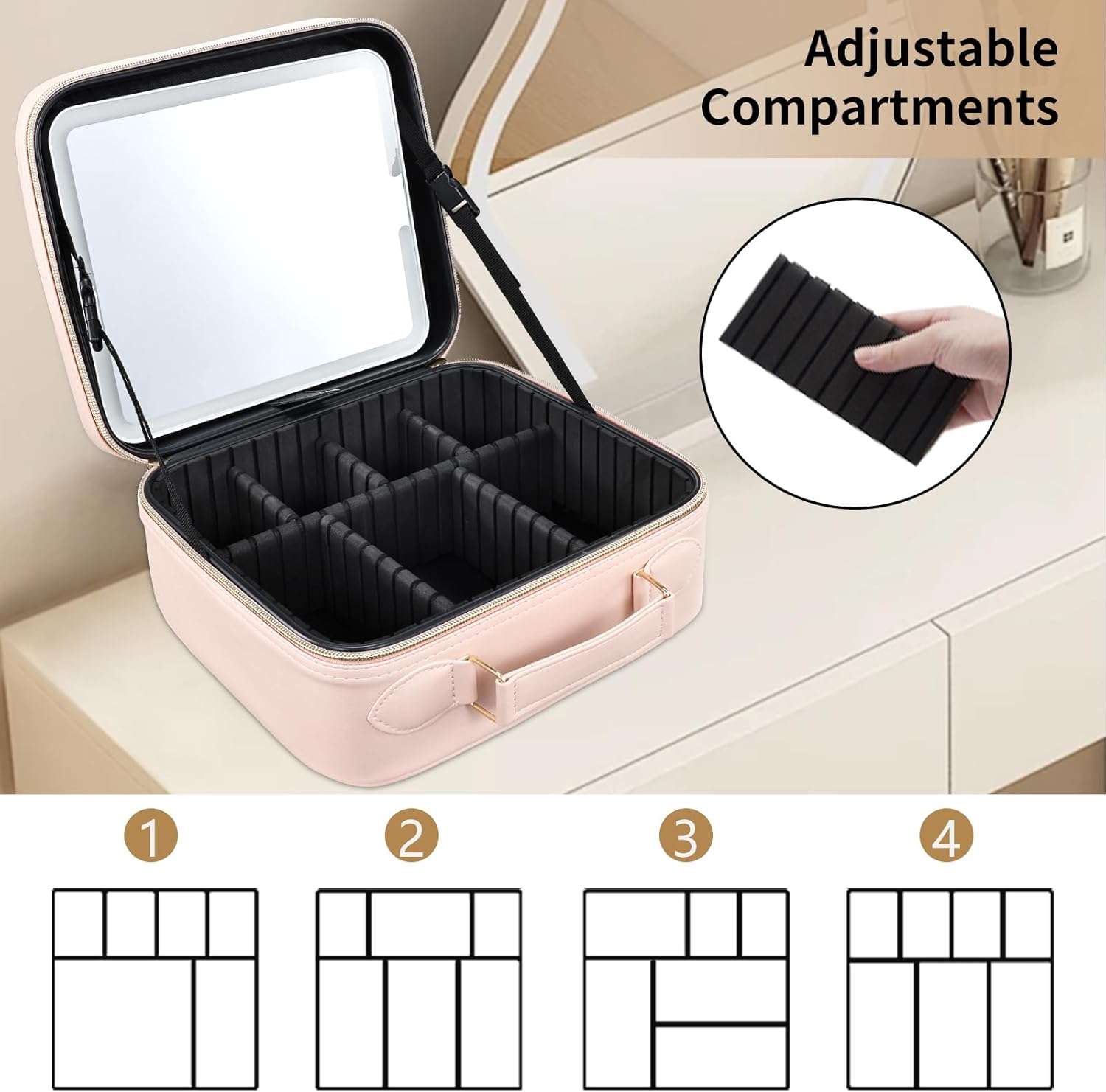 Travel Makeup Bag with LED Mirror 3 Color Modes,10.2-in Pink Vegan Leather Makeup Organizer Bag with Adjustable EVA Dividers and Independent Brush Panel - Image 6