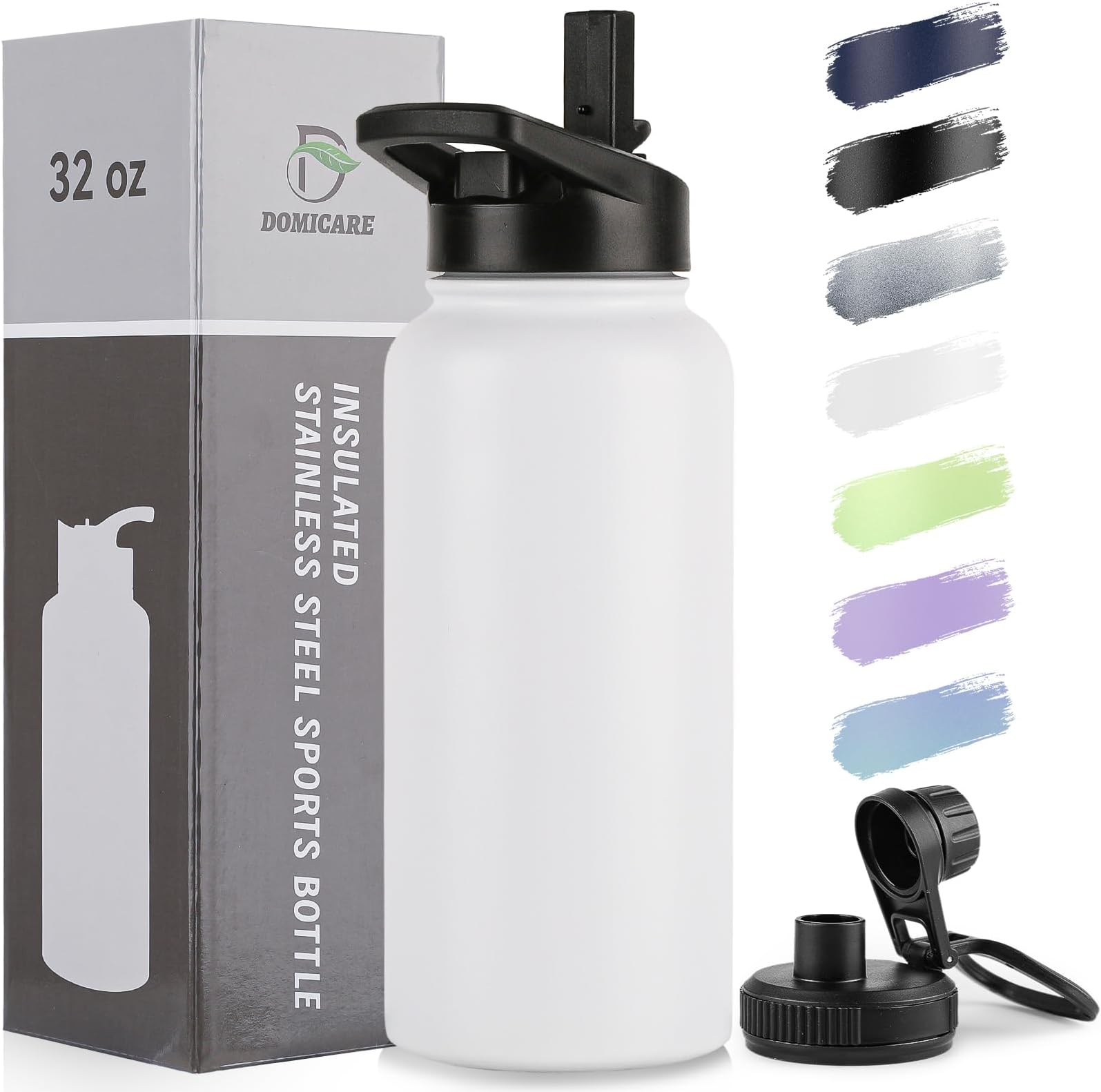 DOMICARE 32 oz Insulated Water Bottle, Vacuum Insulated Stainless Steel Sports Water Bottle with Straw Lid & Spout Lid, Leakproof, Reusable - Travel, Camping, Bike, White