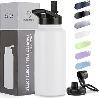 DOMICARE 32 oz Insulated Water Bottle, Vacuum Insulated Stainless Steel Sports Water Bottle with Straw Lid & Spout Lid, Leakproof, Reusable - Travel, Camping, Bike, White