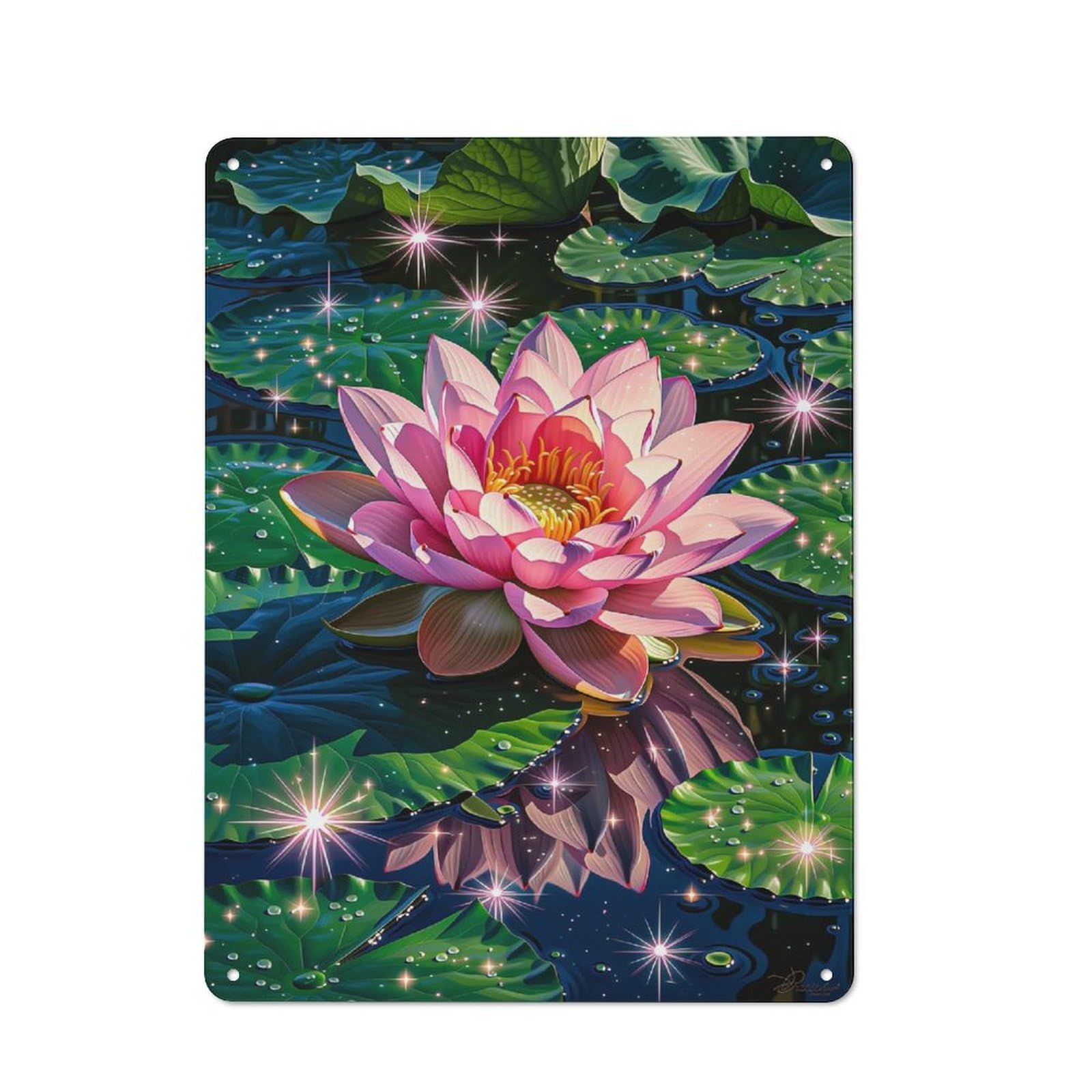 Pink Lotus Flower on Water Tin Wall Sign 40x30cm, Country Style Bistro Wall Plaque for Coffee Bar, Kitchen, Bistro Or Tea Corner