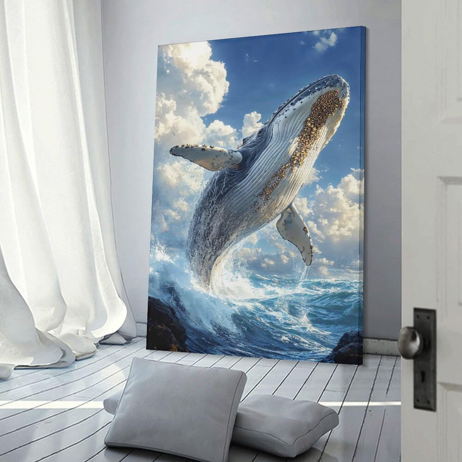 Junmoney Frame-Style-14 Humpback Whale Leap Canvas Wall Picture, 20X30inch(50X75cm), For Wall Displays, Bedrooms Or Room Updates, Wall Decor Suited To Curated Displays