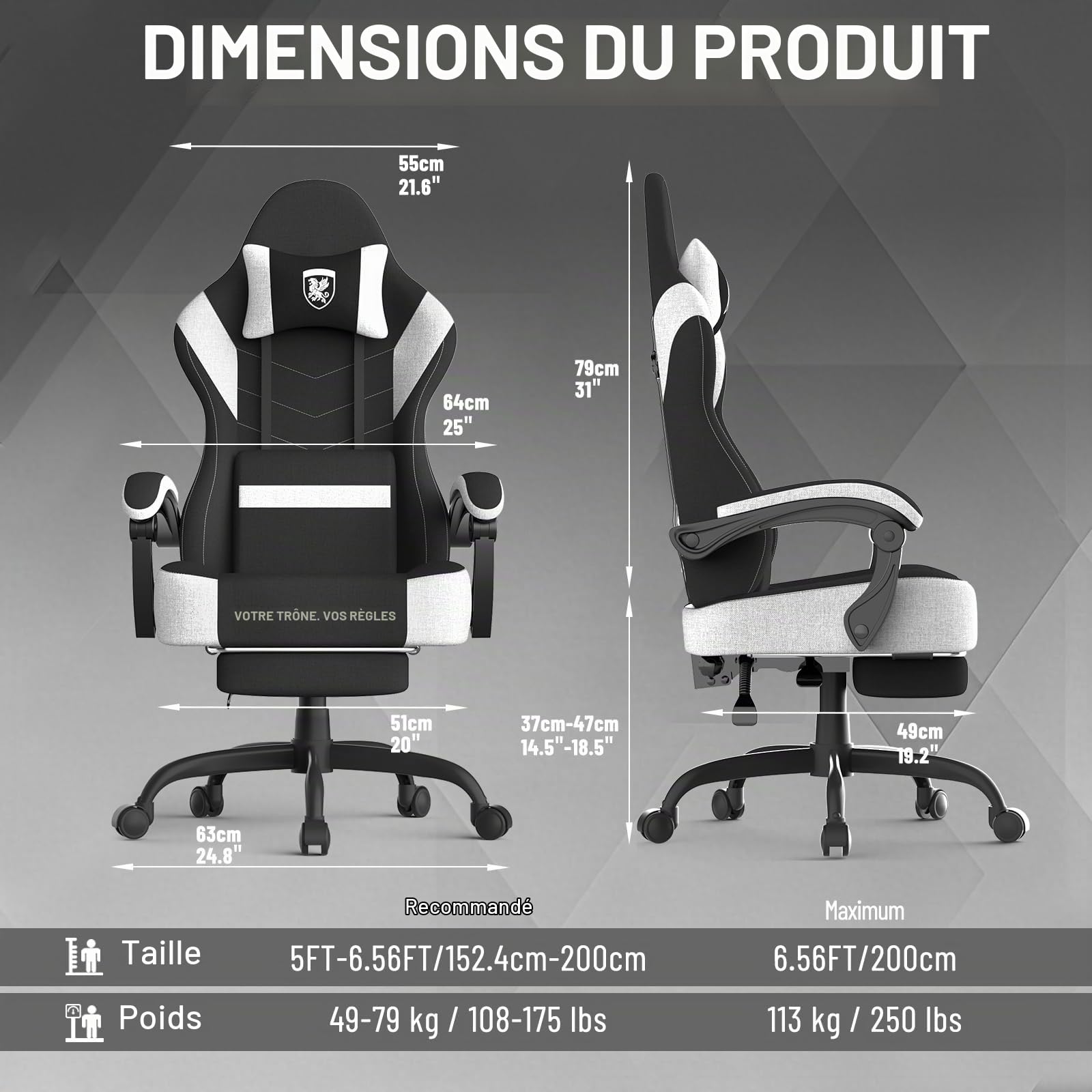 Ferghana Chaise Gaming Ergonomique，Chaise Bureau Gamer，Fauteuil Gamer avec Massage Lombaire,Respirant Tissu,Dossier Inclinable,Repose-Pieds,Hauteur Réglable,Fauteuil de Bureau-Adulte/Enfant，Noir