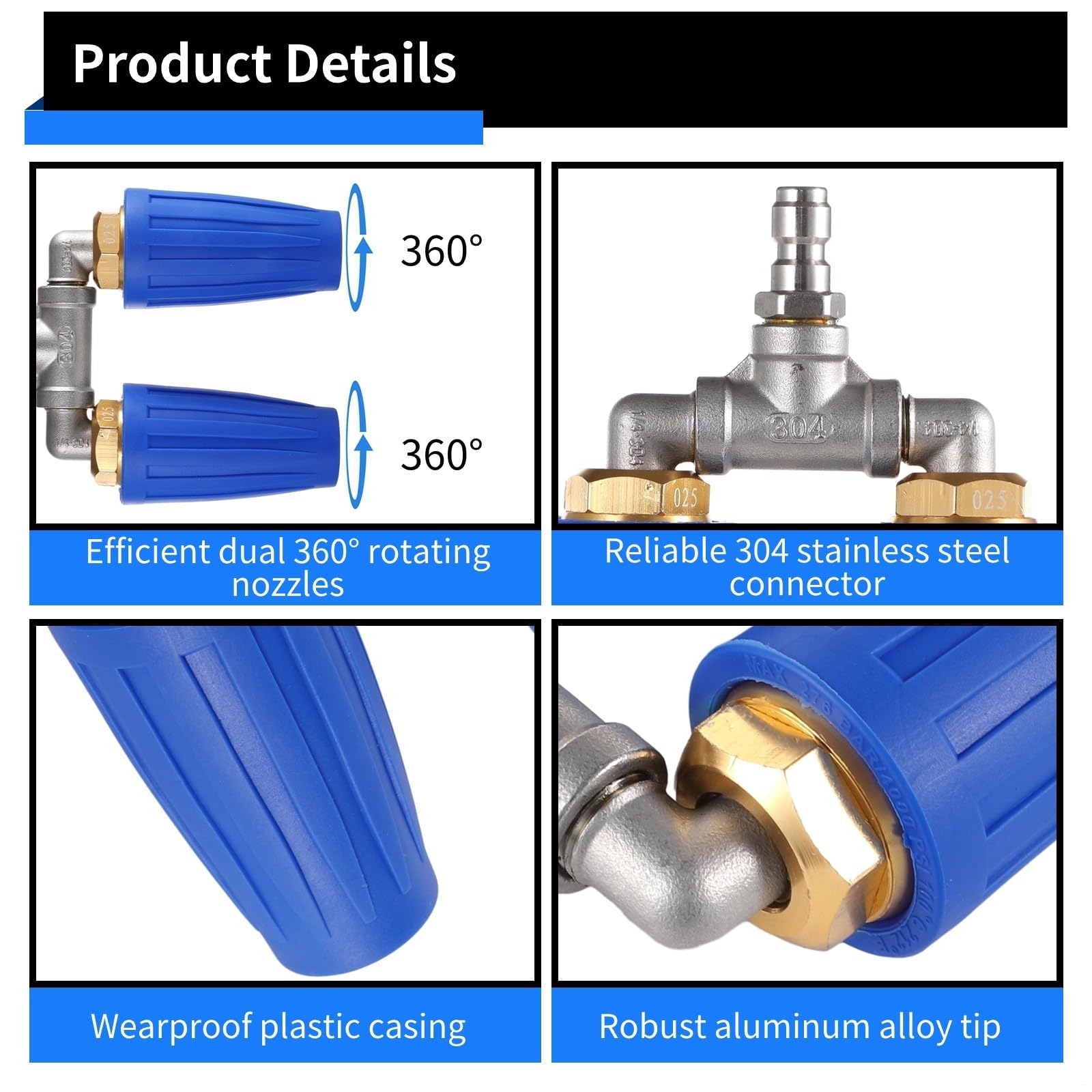 Ugello turbo per idropulitrice, doppia punta girevole a 360° con attacco rapido da 1/4, design antiruggine con orifizio 2.0, 4000 psi 4-6 Gpm, adatto per auto, prati, uso esterno