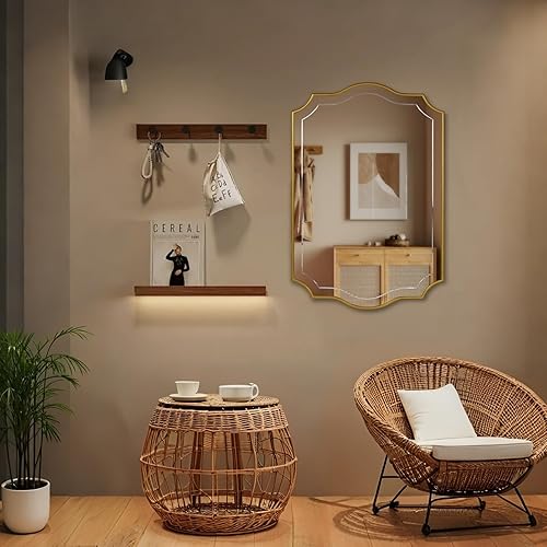 Miniatura 8 de POZINO Espejo de baño dorado, espejo rectangular moderno de 24 x 36 pulgadas para sobre el fregadero, espejos festoneados con marco de madera,