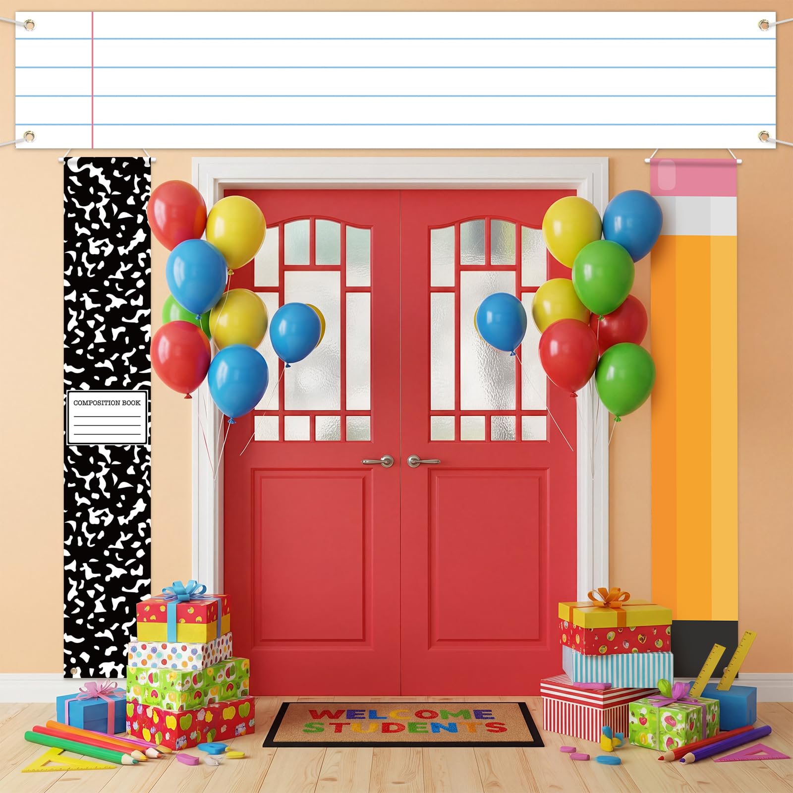 Bannière de bienvenue école et décoration murale salle de classe avec crayon