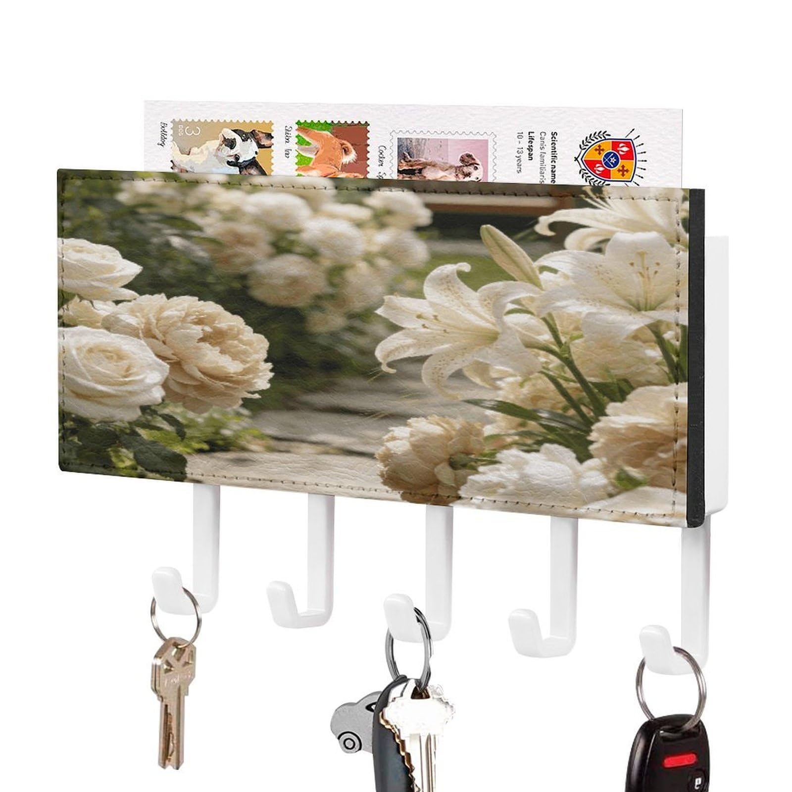 Soporte para llaves de pared de piel sintética beige con estante postal