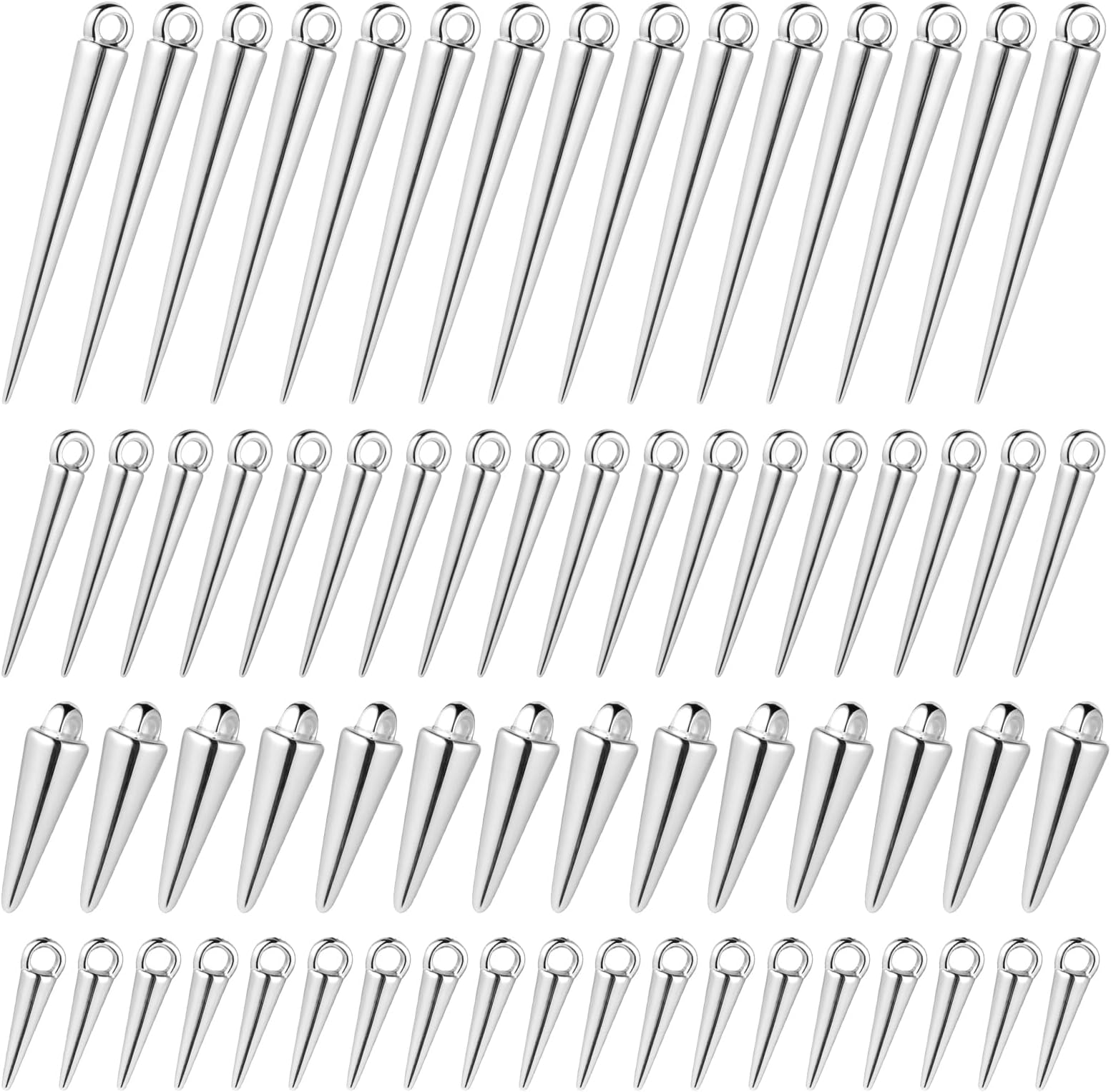 100 Pcs Spike Beads Cone Charm for Jewelry Making 4 Sizes Long Silver Spike Charms Vintage Punk Goth Charm Pendants for Women Necklace Bracelets Earring Clothing DIY Crafts