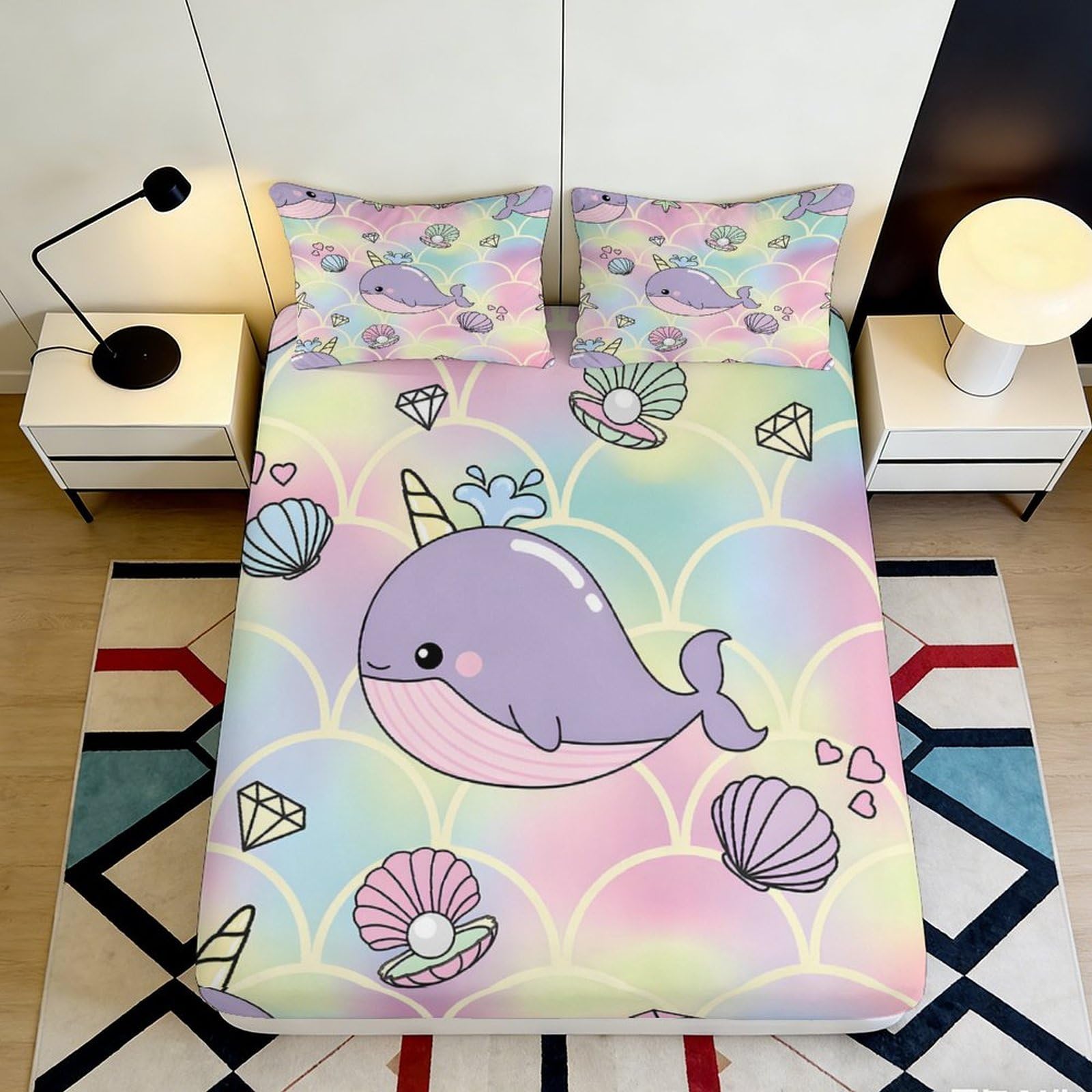 3D Printed Pastel Narwhal Fitted Sheet Microfiber Shell Diamond Mattress Cover Anti-Slip Easy Care for Bedroom Guest Room 90x200x25cm
