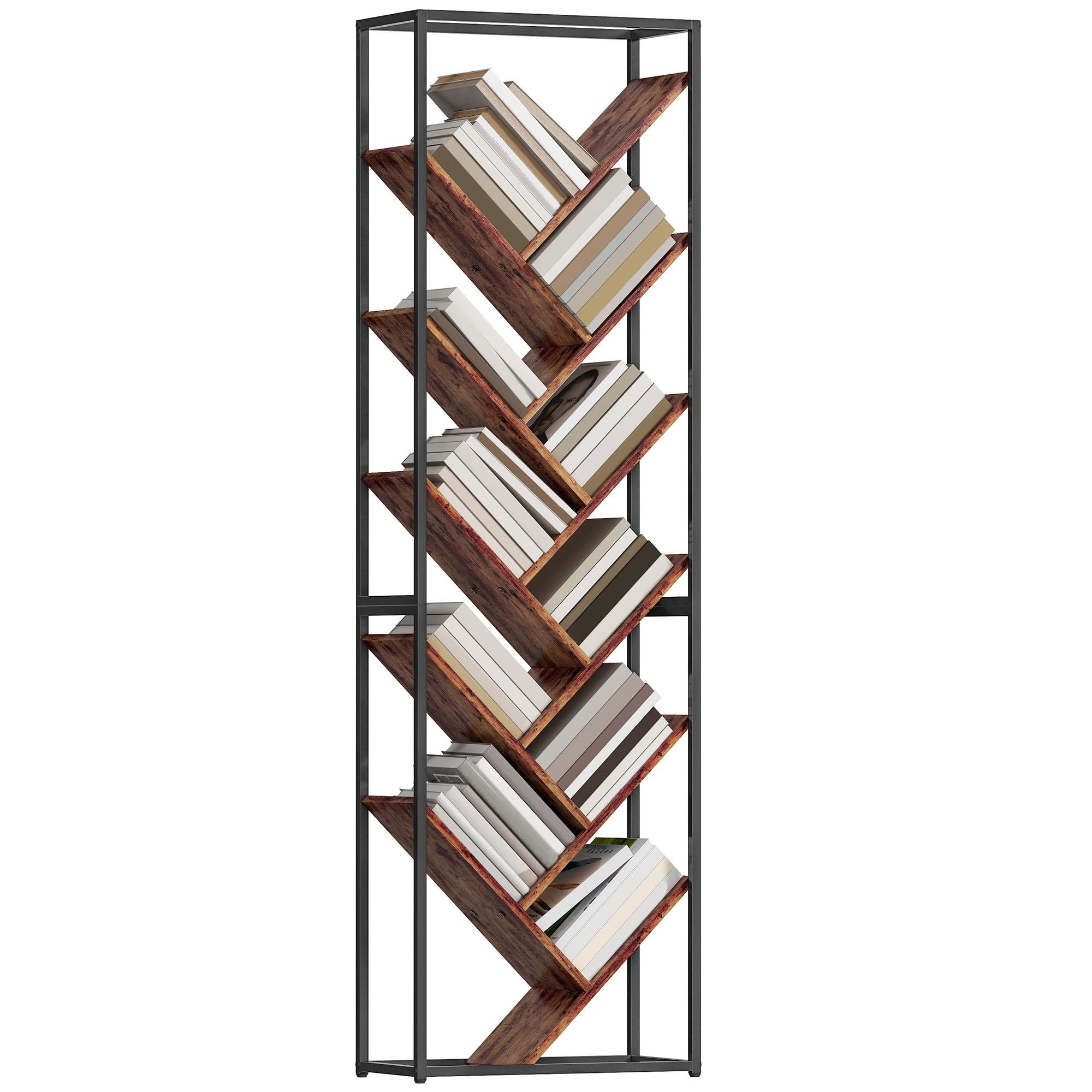 Homcom Unisex Brown 10 Tier Tree Bookshelf Industrial Tall Bookcase Rustic Black