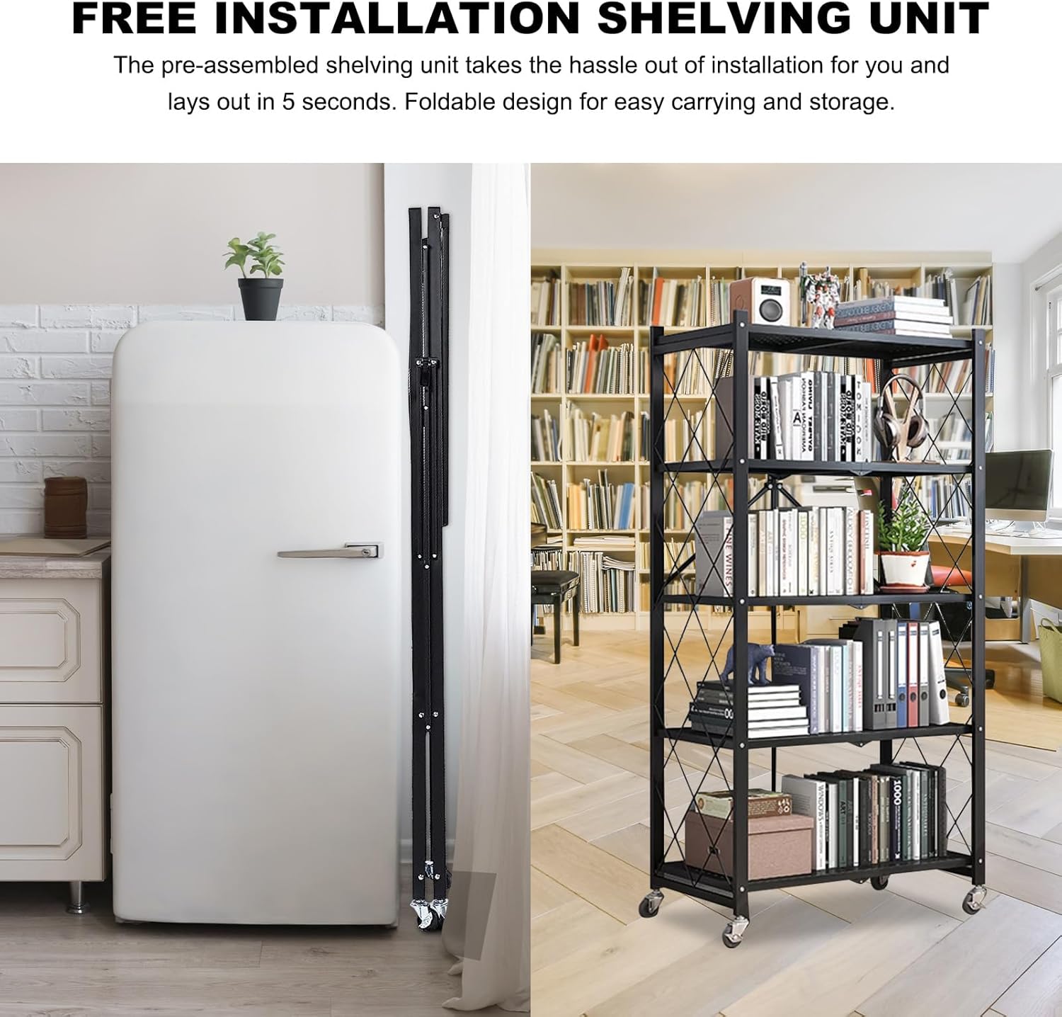 Storage Shelves 5-Tier Garage Shelving Unit, Heavy Duty Storage Rack with Wheels, Adjustable Wire Shelf, Foldable Metal Storage Shelf for Garage Pantry Kitchen Basements - 2PK, Black