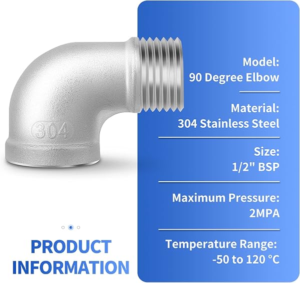 ERGAOBOY 2 pezzi gomito a 90 gradi in acciaio inossidabile 304, raccordo filettato BSP femmina x maschio, connettore gomito da 1/2" per impianti idraulici industriali e giardinaggio - 4