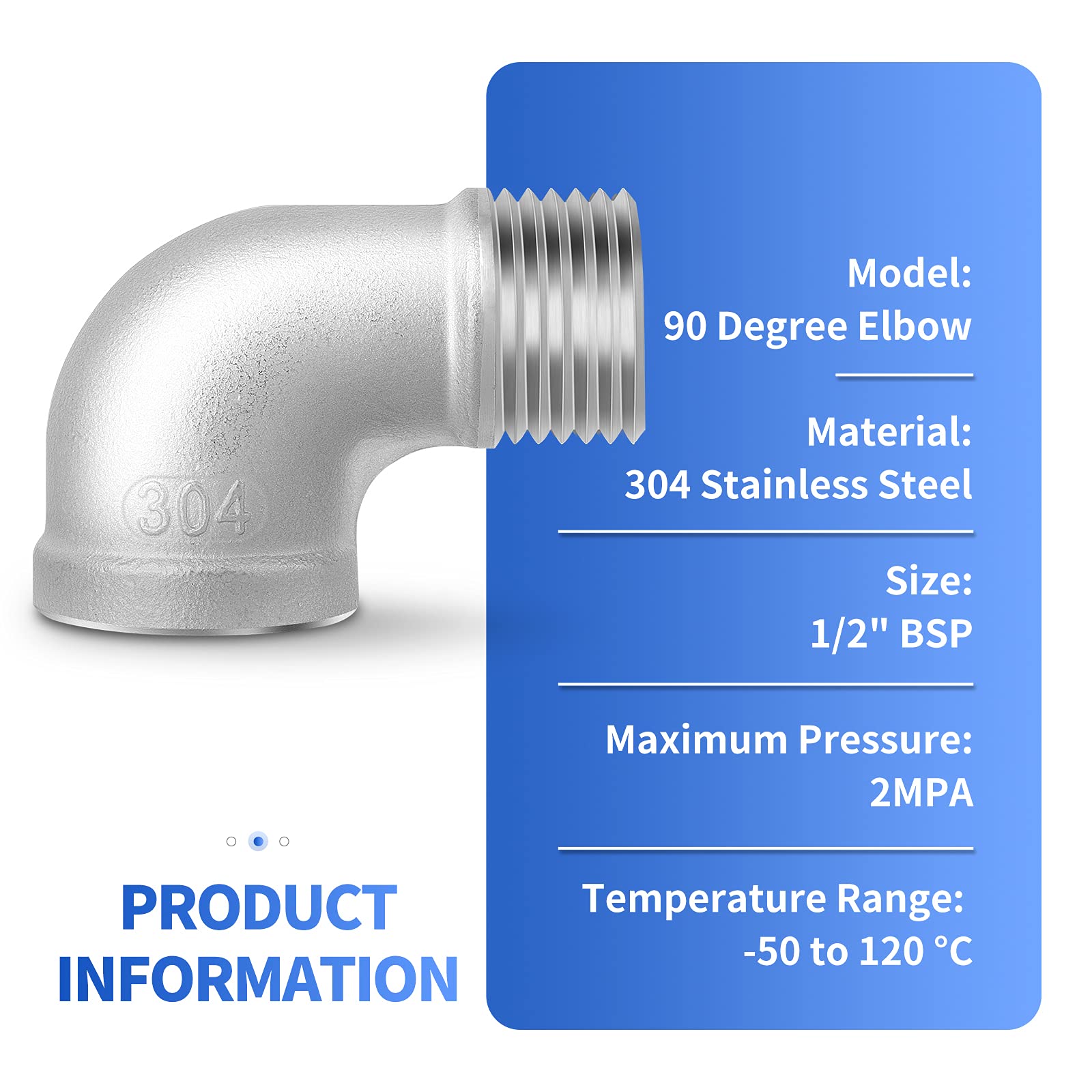 2 pezzi gomito a 90 gradi in acciaio inossidabile 304, raccordo filettato BSP femmina x maschio, connettore gomito da 1/2" per impianti idraulici industriali e giardinaggio - 5
