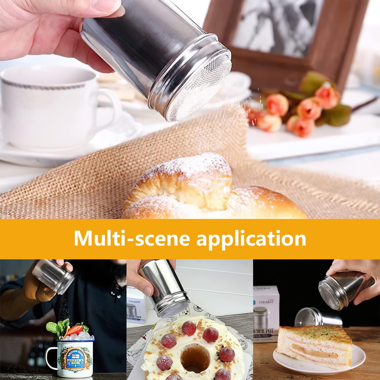 Saupoudreuse, 2 Pièces Shaker à Chocolat, Saupoudreuse Cacao 16 Pièces Pochoirs à Café pour Chocolat Chaud Décoration De Pain (Avec Cuillère à mesurer)