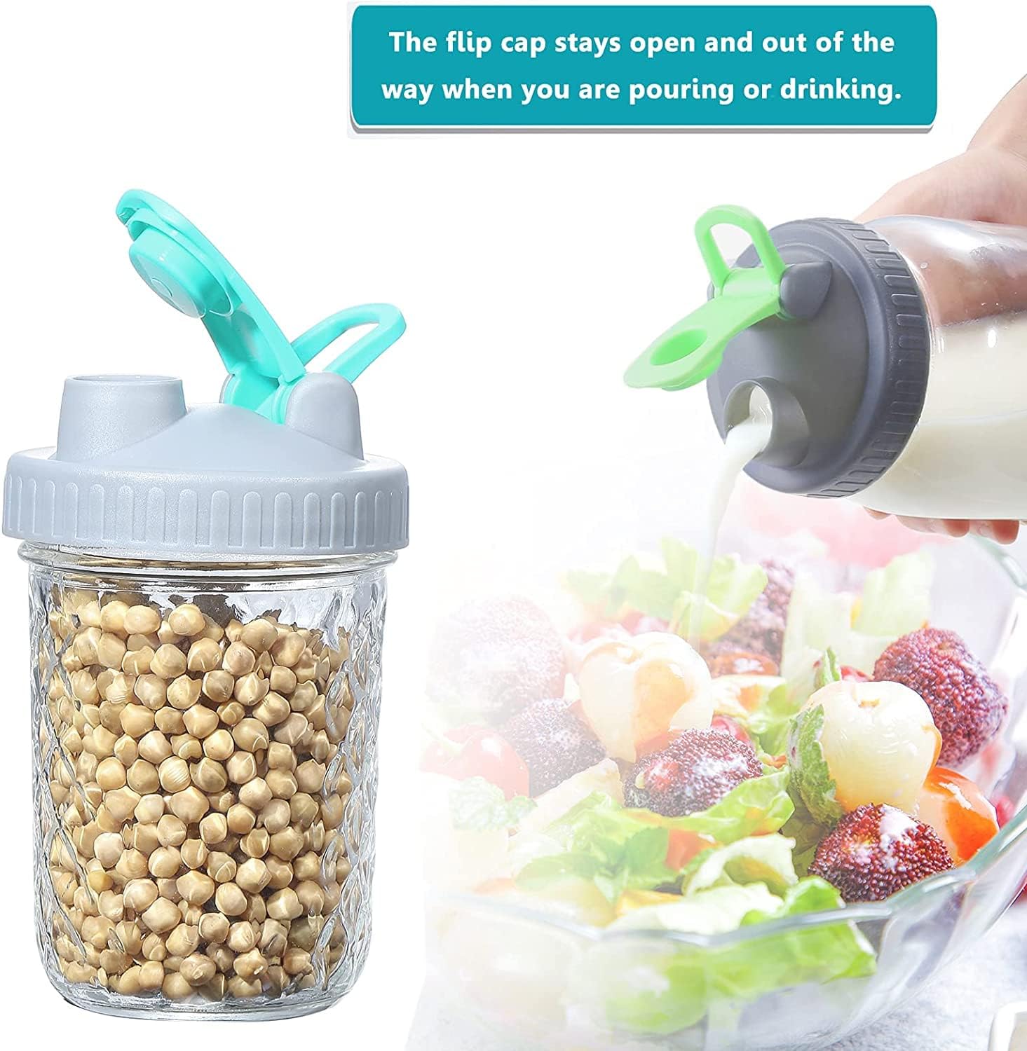 2 Pack Wide Mouth Flip Cap Mason Jar Lids for Ball Mason Jars, with Airtight Seal & Leak-proof, Easy Pouring Spout, Food-Grade Plastic & BPA free, Dishwasher Safe (Jars not Included)