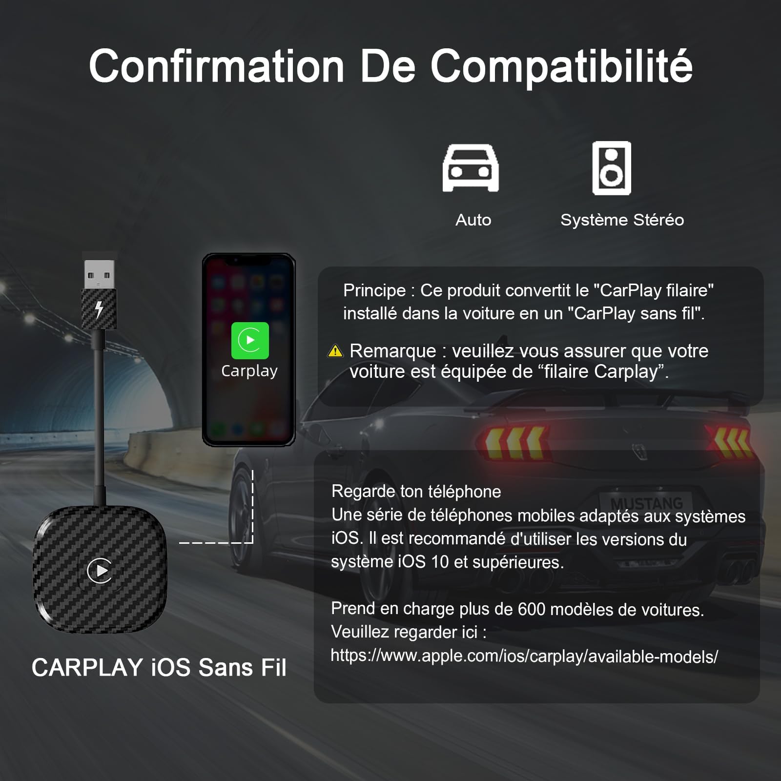 Adaptateur CarPlay/Android Auto Sans Fil - Compatible Voitures 2016+, Plug & Play, Design Mini
