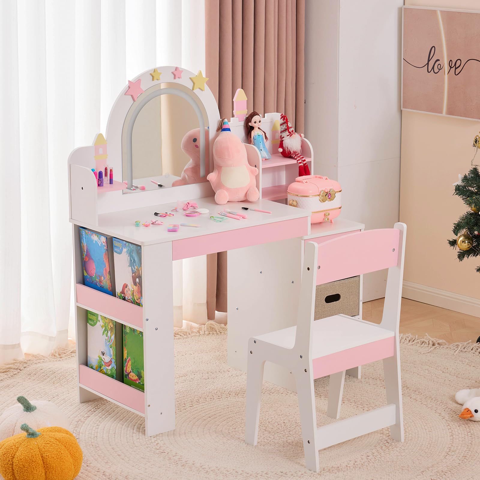 LALAHO 2 en 1 Coiffeuse pour Enfants et Miroir LED, Coiffeuse Fille avec Tabouret，Bibliothèque pour Enfants, Tiroirs en Tissu et Tiroirs en Bois, Crochets à Bijoux，pour Les 4-9 Ans (Blanc & Rose)