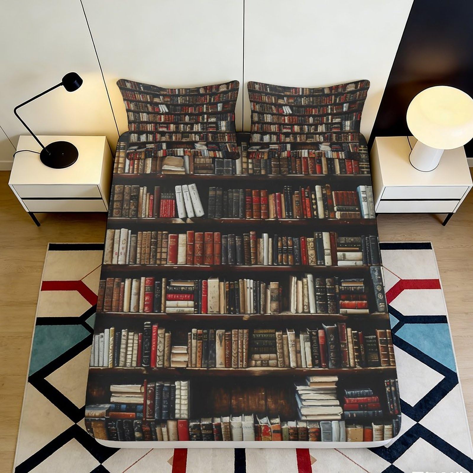 3D Printed Bookshelf Library Fitted Sheet Microfiber Anti-Slip Bed Sheet for Bedroom Guest Room Mattress Protector 200x200x25cm