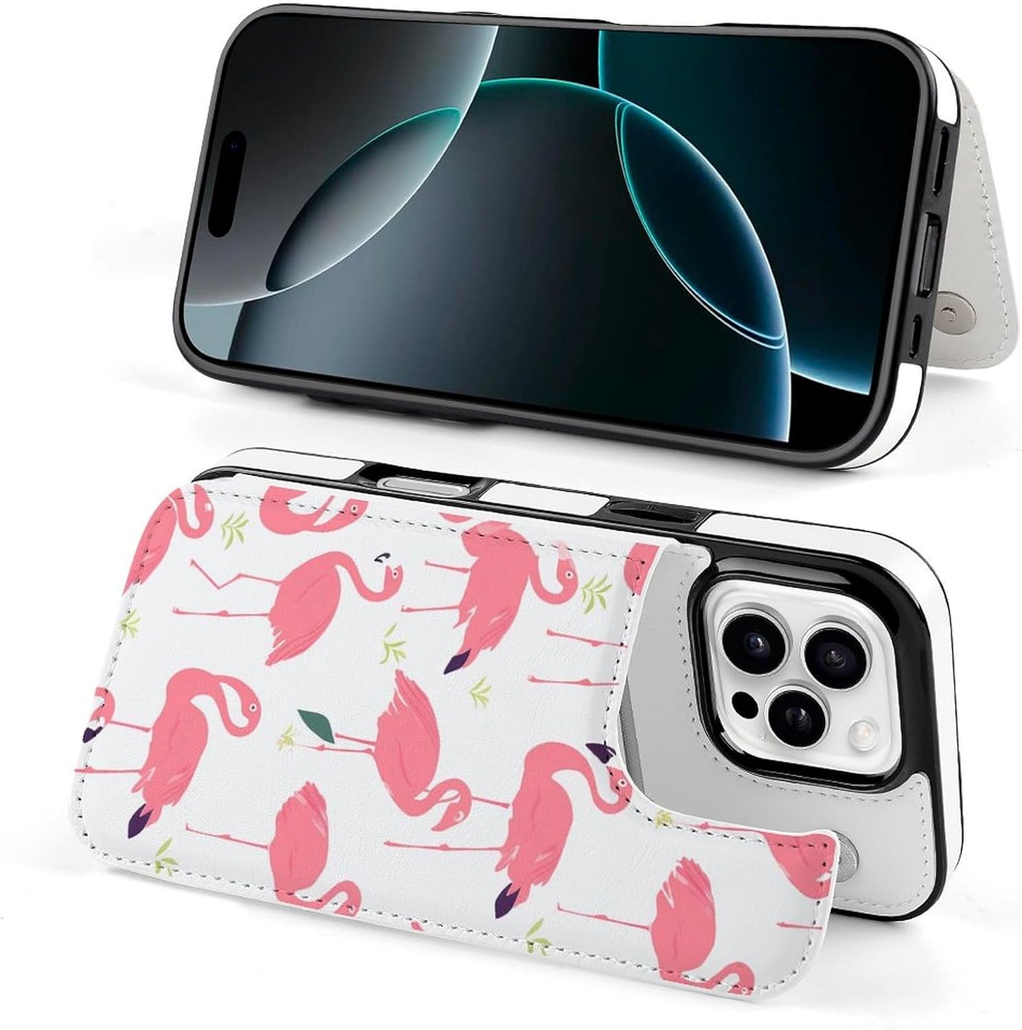 Wallet Cases for iPhone 16 Pro Max, Pink Flamingo Pattern Prints Flip Leather Phone Case Cover with Card Slots Holder