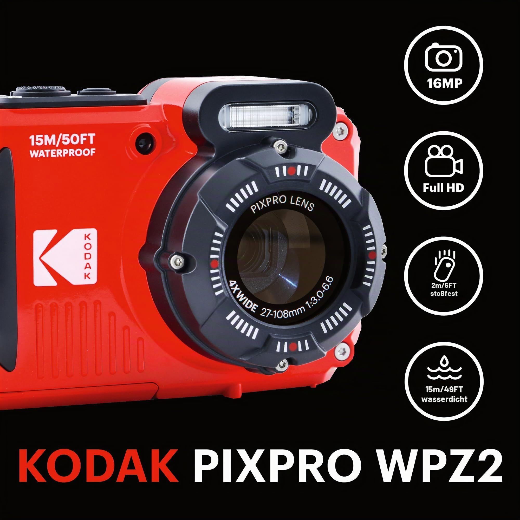 KODAK Pixpro WPZ2 Digitalkamera Kompakt 16M Pixel Wasserdicht 15m Stoßfest Video 720p LCD 2,7 Zoll Rot