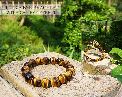 Miniatura 65 de 12MM Tiger Eye Bracelet Men Natural Golden Yellow Cats Eye Handmade Stretch Jewelry for about 8 inch Wrist Size Bring Luck Fortune Courage