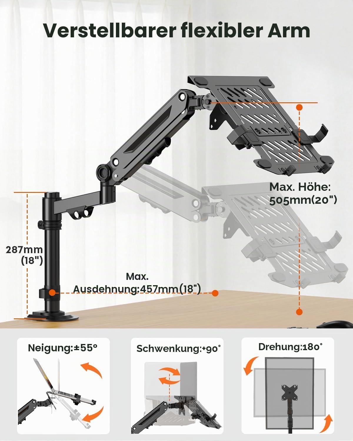 PUTORSEN Laptop Arm Halterung Tisch für Notebooks bis 18 Zoll und Computermonitore bis 40 Zoll, 2-in-1 Monitorstangenhalterung mit verstellbarem Laptop-Tray, Tragfähigkeit bis 12KG