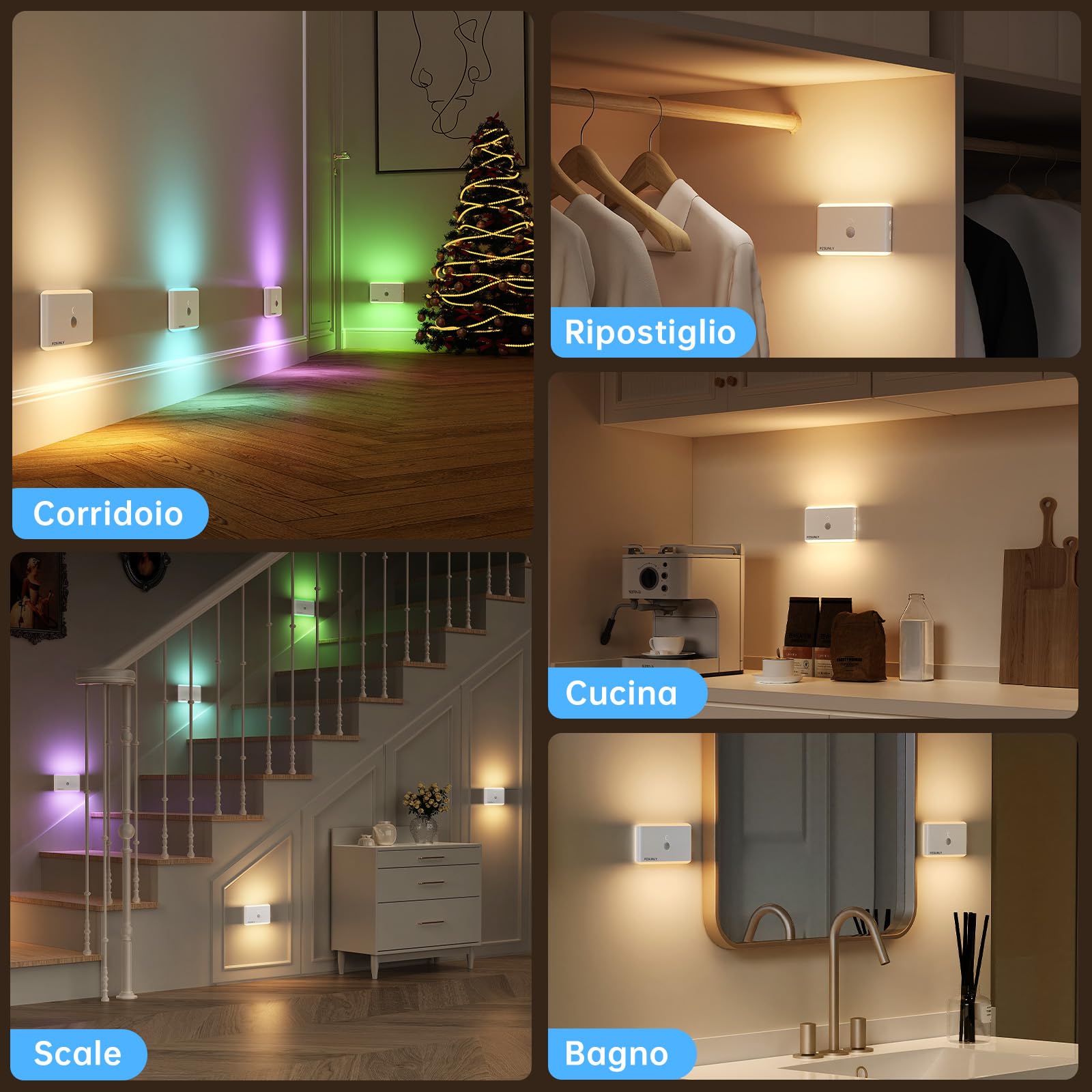 Luce Notturna Sensore Movimento,5 Colori RGB Luci Led Dimmerabile | Luce con Sensore di Movimento da Interno, Ricarica USB, Design Magnetico, Luci Notturne per Scale, Camera da Letto,6 pezzi