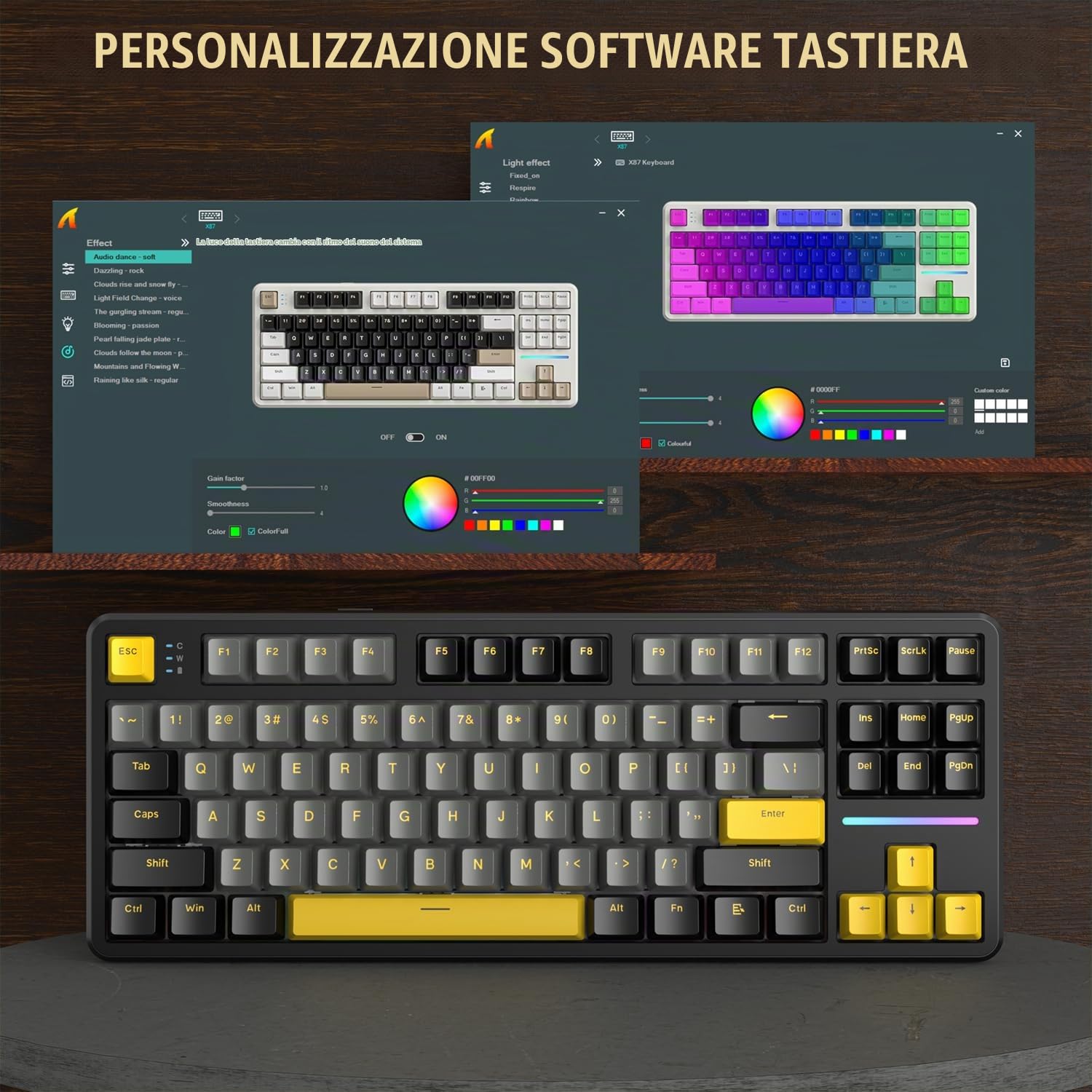 ATTACK SHARK X87 80% Tastiera da gioco meccanica wireless,BT5.0/2.4Ghz/USB-C Guarnizione hot-swap,illuminazione RGB,batteria da 4000mAh,interruttore lineare prelubrificato,tasti PBT per PC/MAC-Nero