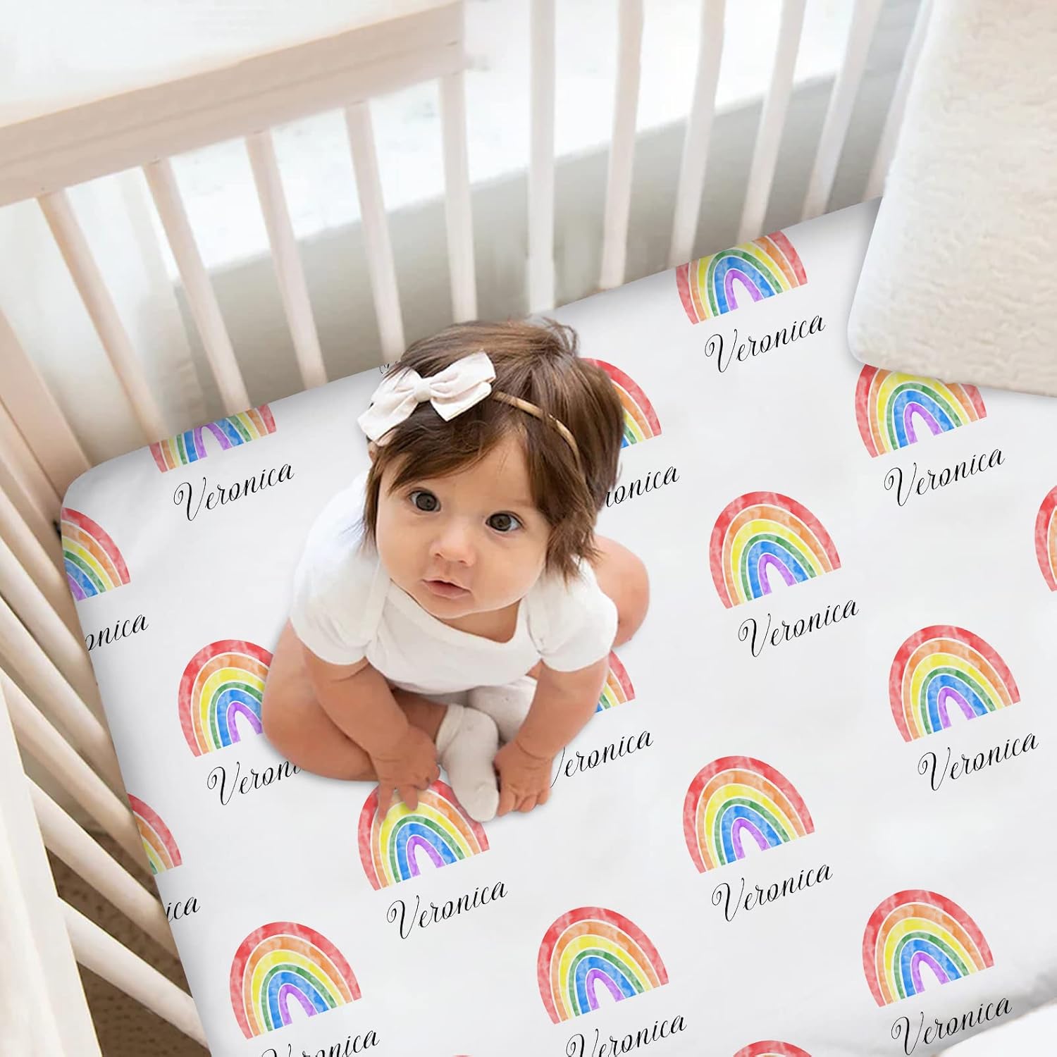 Colorful Rainbow Baby Crib Sheets, Personalized Fitted Crib Bedding Sheet with Name, Custom Pack and Play Sheets, Crib Mattress Sheets for Baby Girls Boys, Mini Crib Sheet | Name Crib Sheets