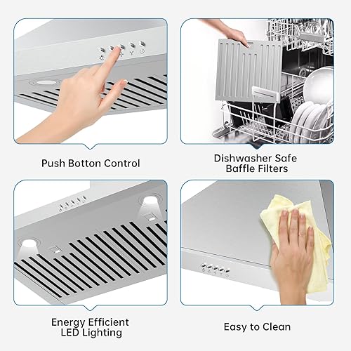 Miniatura 6 de Campana extractora de pared de 30 pulgadas, campana extractora de cocina de acero inoxidable de 400 CFM con luces LED, filtro apto para lavavajillas