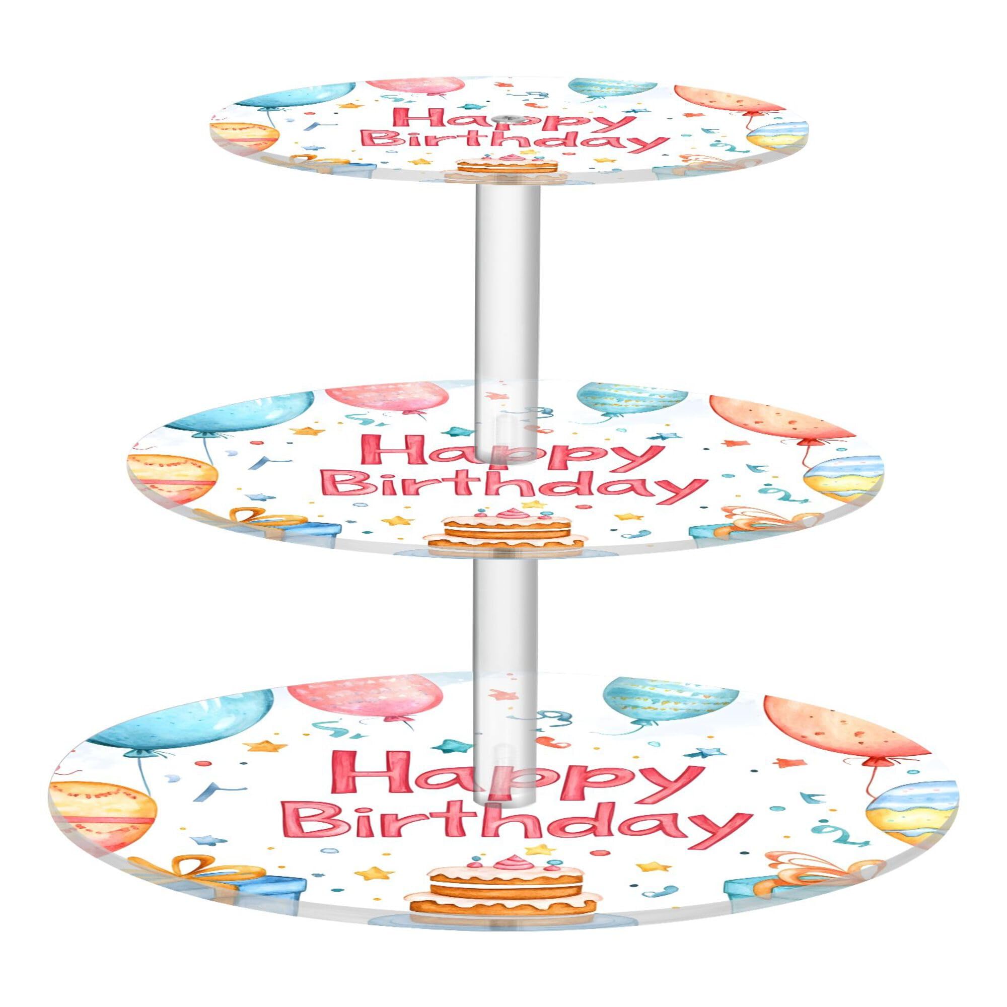 PYBUG Happy Birthday 3 Tier Acrylic Cupcake Stands Tower,Dessert Table Display Set for Tea Party,Wedding,Birthday, Baby Shower