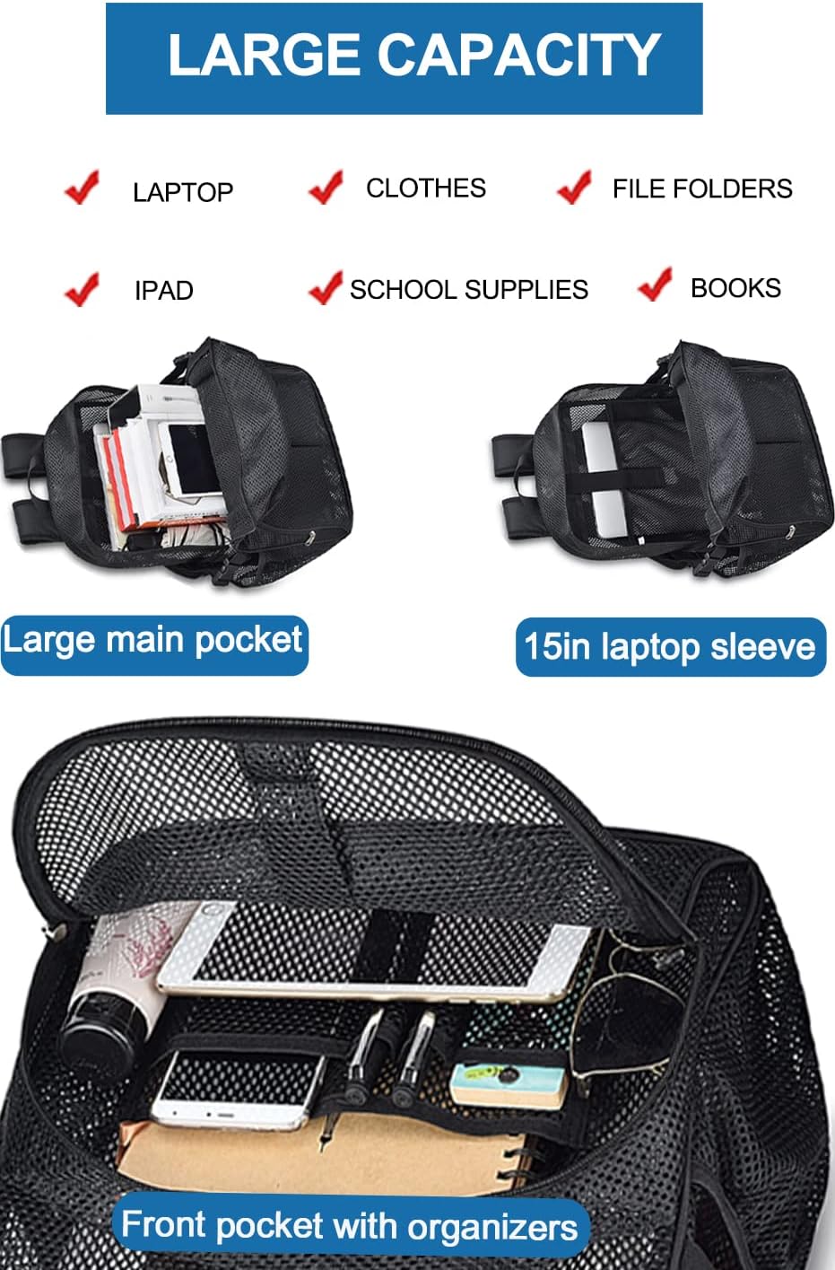 Heavy Duty Mesh Backpack for School, 22L Black Mesh School Bag with Laptop Compartment for Beach, Commuting, Swimming, Fitness, Sports (Black)