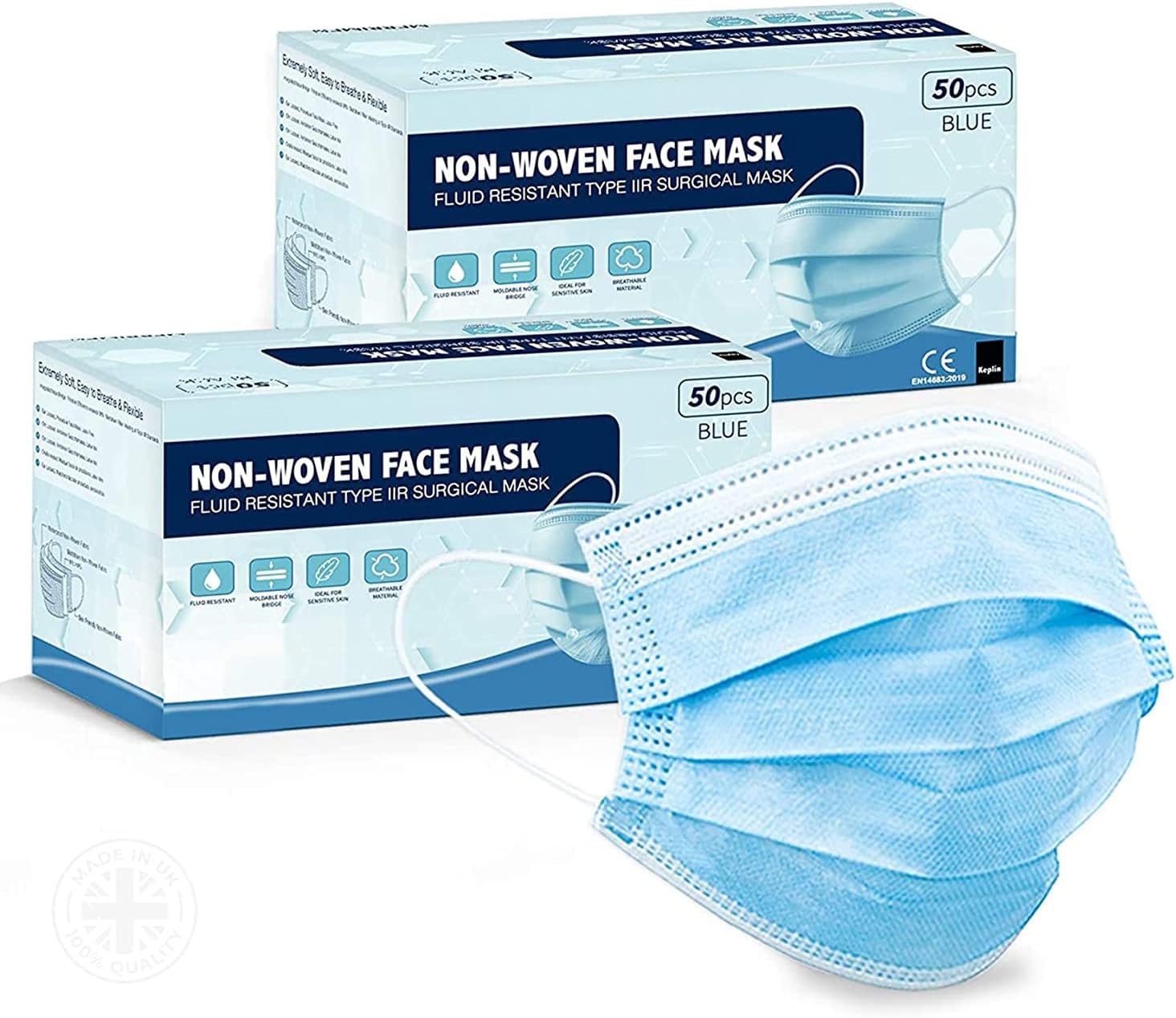 Merrimen 100pk - Blue 3ply Surgical Type IIR Face Masks - Medical Fluid Protection, 98% BFE, EN14683:2019, Verified and Tested (Non-Sterile)