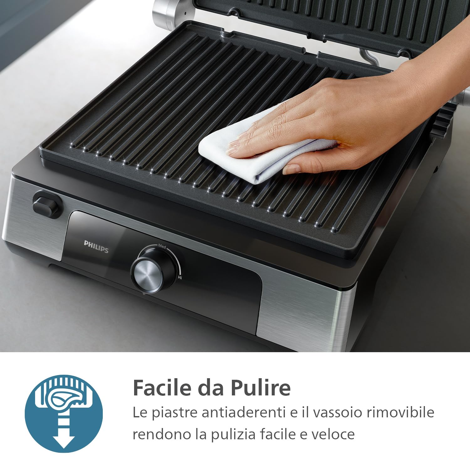 Philips Griglia Elettrica - Contact Grill. Temperatura regolabile. Ampio grill e prestazioni ad Alta Potenza. Piastre Antiaderenti e vassoio raccogli grasso rimovibili. (HD6301/90)