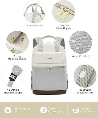 Miniatura 6 de LOVEVOOK Mochila para laptop para mujer, bolsa de trabajo para laptop, BeigeVerde Oscuro, Mochilas de viaje