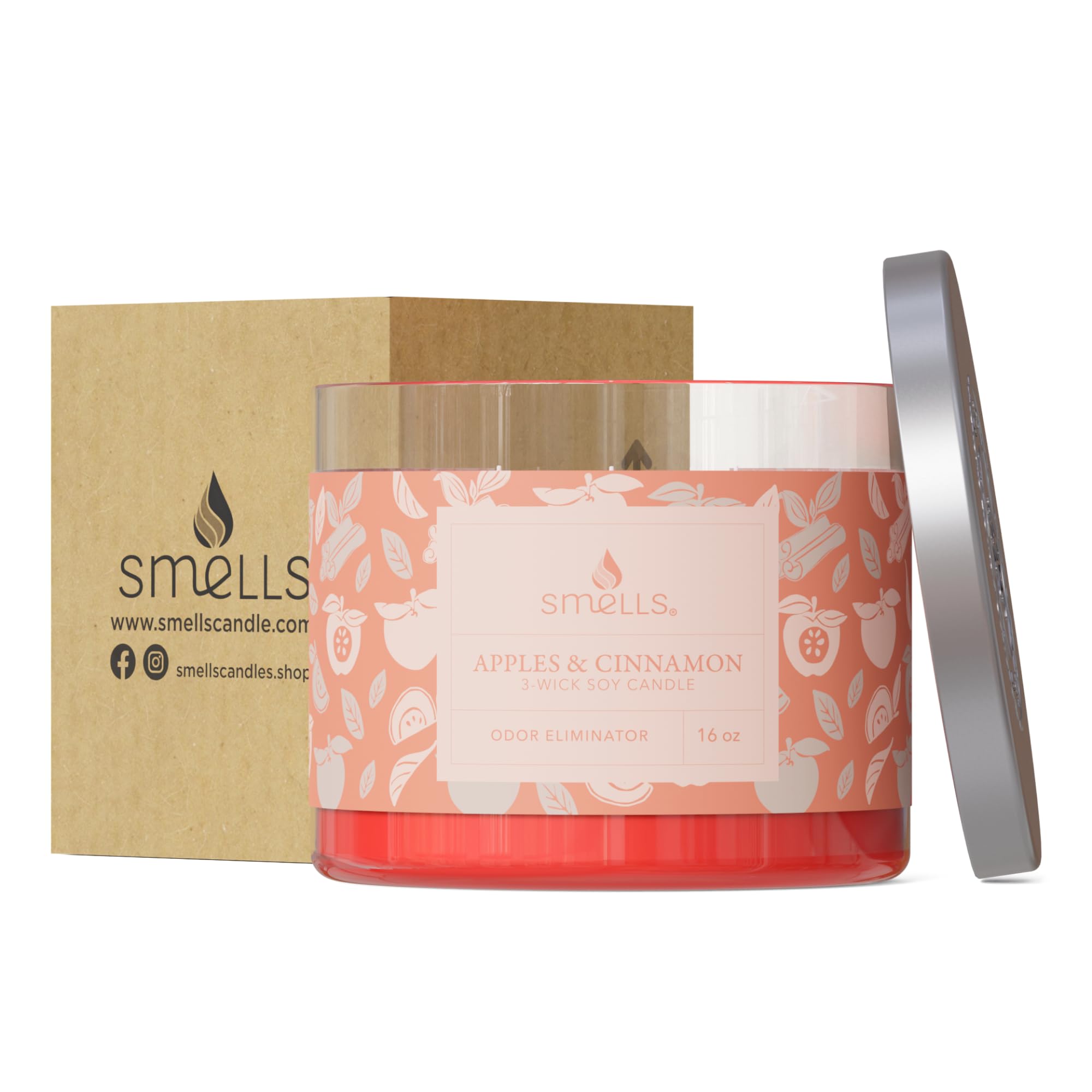 Smells - Odor Eliminator - Premium Soy Wax Jar Scented Candle 16oz. - 100% Cotton Single Wick and 3-Wick - Fraganced Candles (Apple Cinnamon, 3-Wick 16oz (1-Pack))