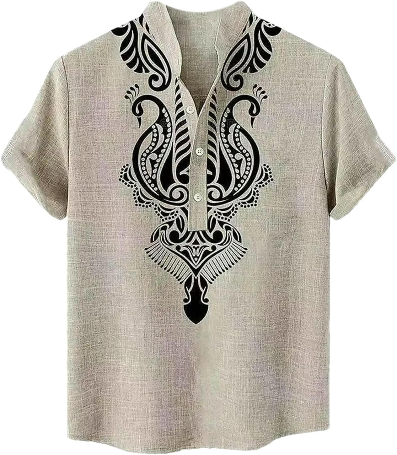 Men's Short Sleeve Half Tops Pullover Cardigan Button Stand Collar Solid Color Half Collar Vintage Shirt