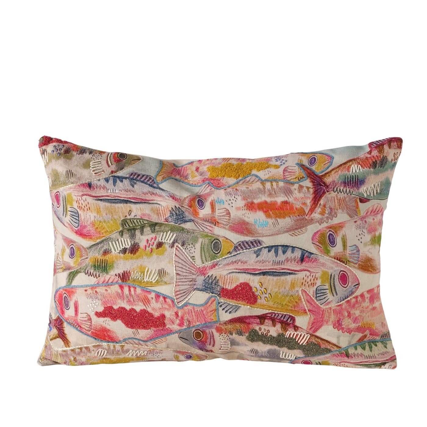 MF Marina Fino Dekokissen mit Fischmotiv, Rechteckig, Baumwolle Handgewebt, Blau Pink Cremeweiß, 60x40 cm, Abnehmbarer Bezug mit Reißverschluss Fischschwarm Fische