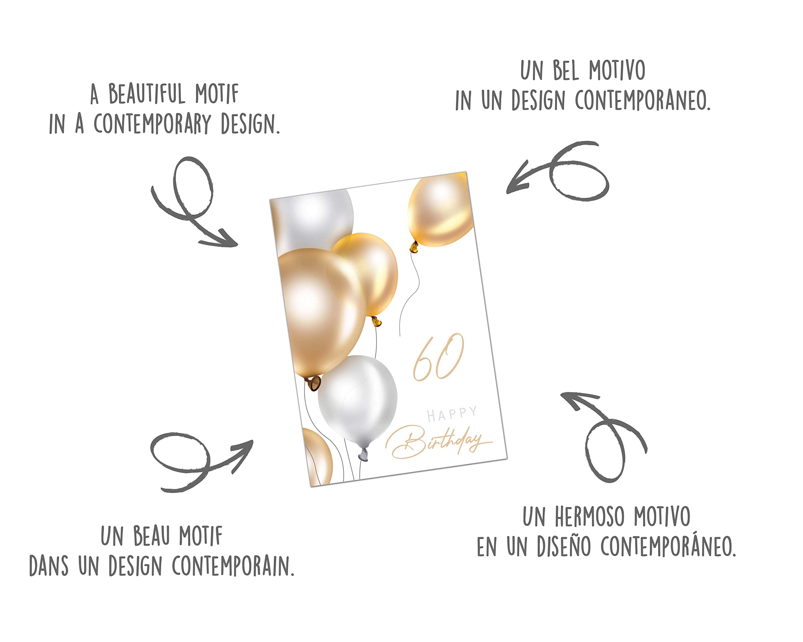 Biglietto Auguri 60° Compleanno Con Busta – Palloncini – Design Moderno – Edition Seidel - 4
