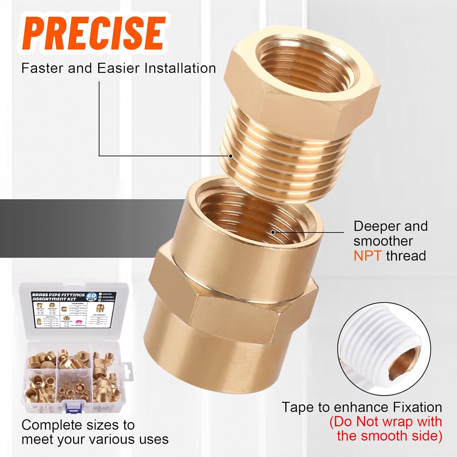 60pcs Brass Pipe Fittings Assortment Kit,Reducer Bushing,Hex Nipple,Reducing Hex Coupling,Hex Heand Plug,End Cap and Socket Plug Fitting Kit