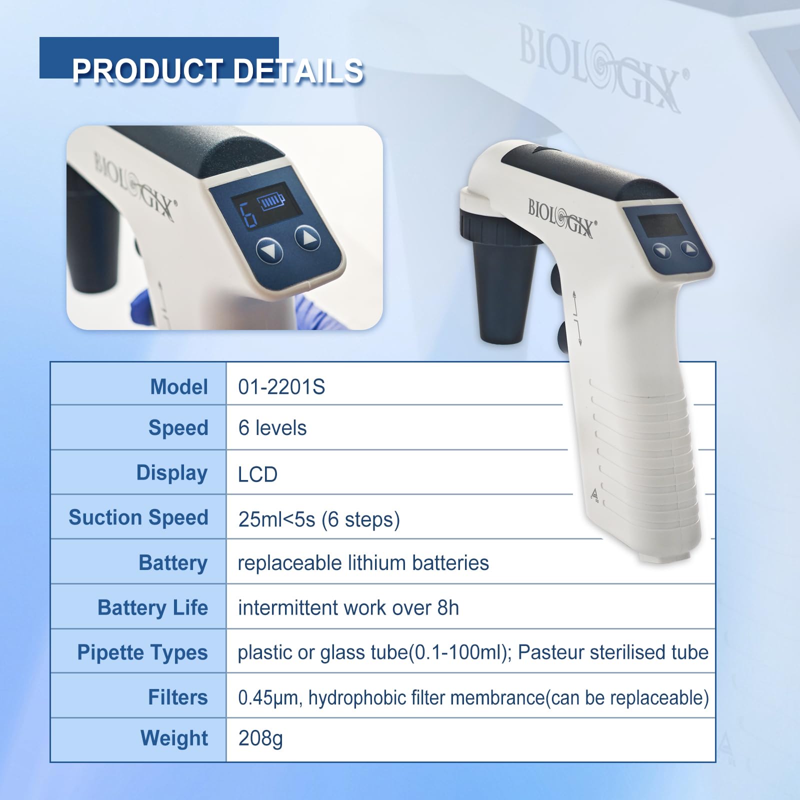 Controlador de pipeta eléctrico, pipetas motorizadas automáticas, llenado de pipetas de 0.1-100 ml con soporte, 6 velocidades ajustables, pantalla LCD, operación con una sola mano