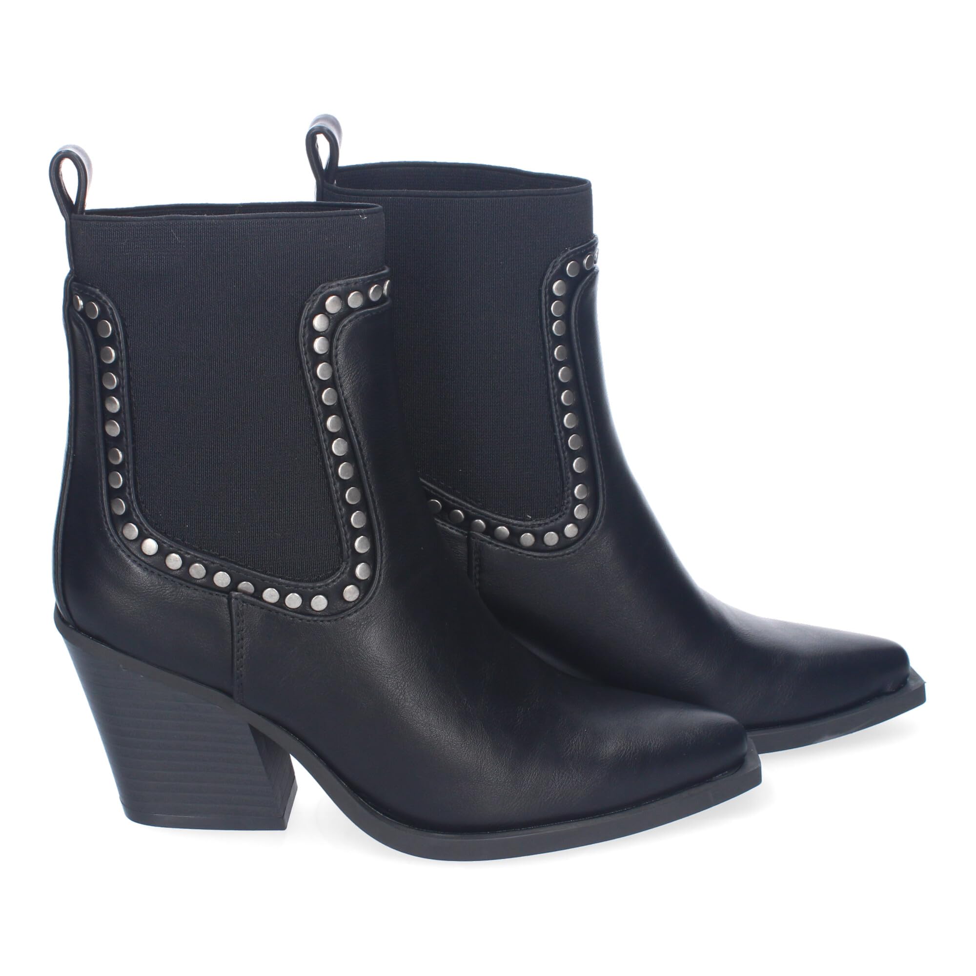shoes&blues.es Botines de Tacon para Mujer, Estilo Cowboy, Elegantes, Diseno Moderno con Tachuelas, Comodas, Material Elastico y Punta Fina.