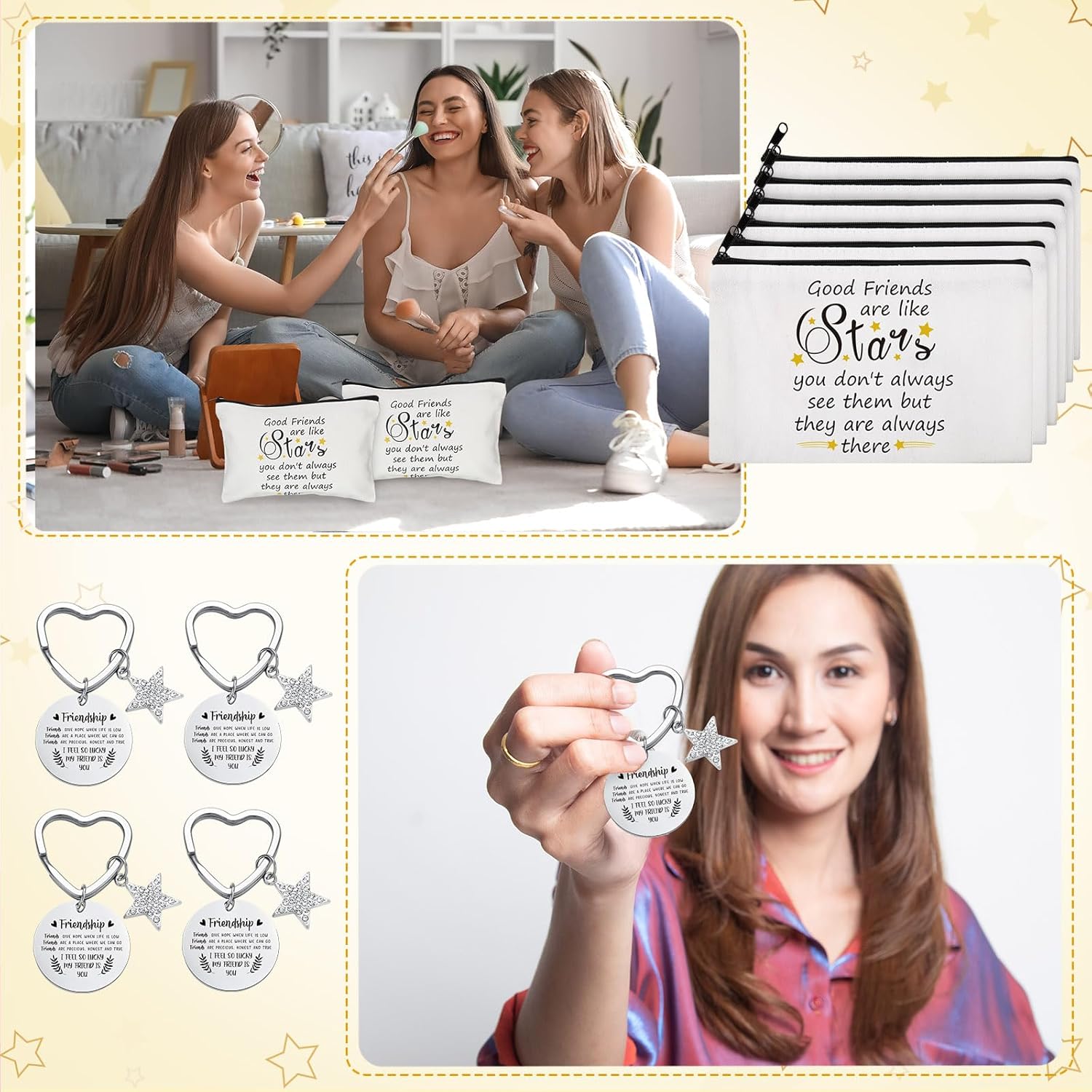 Paterr 24 Pcs Friend Gifts for Women Friendsgiving Makeup Bags Friendship Keychains Galentines Valentine Gifts for Friends Bulk Cosmetic Bags with Zipper for BFF Bestie Birthday Decorations(Star) - Image 2