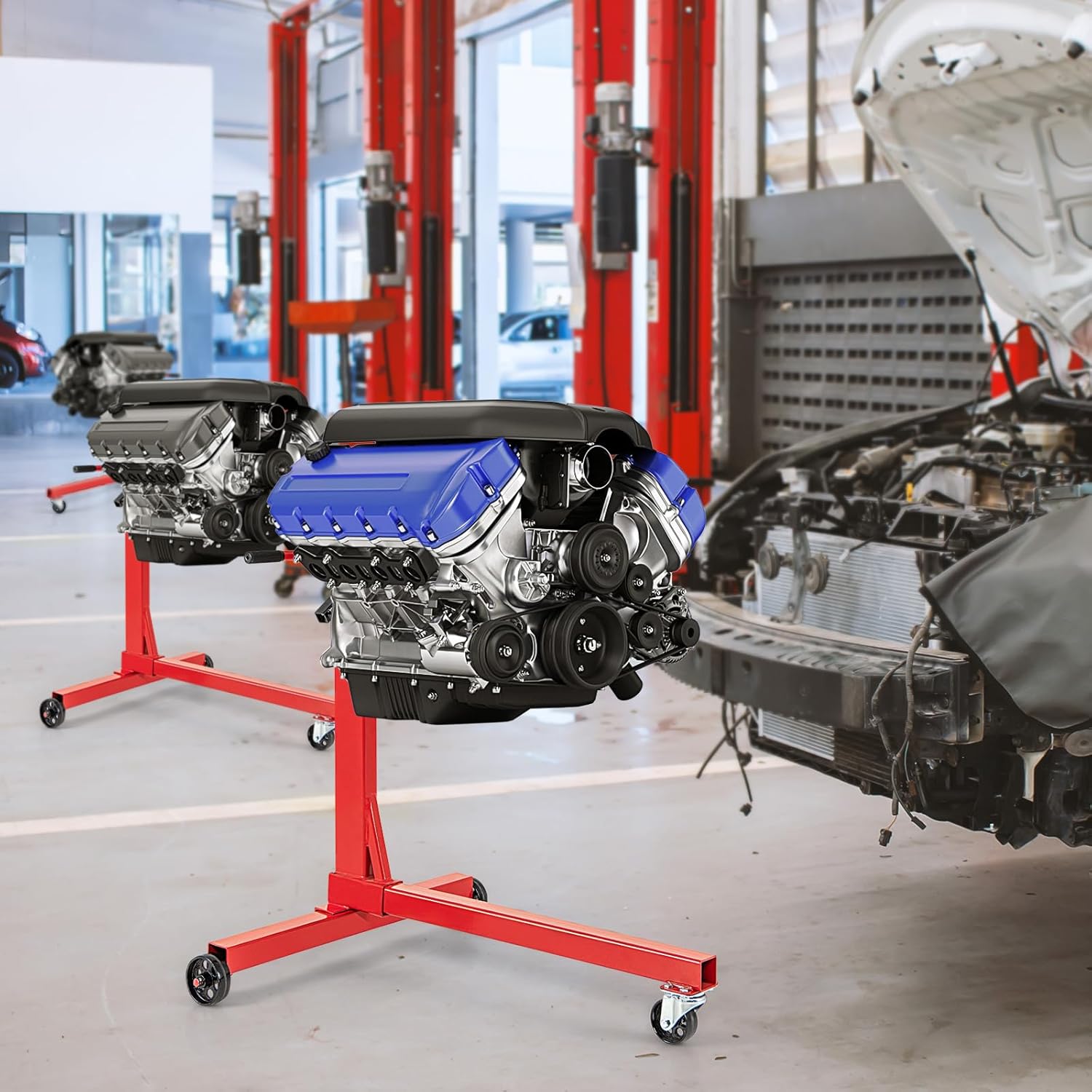 Engine mounted on Goplus Engine Stand in a garage