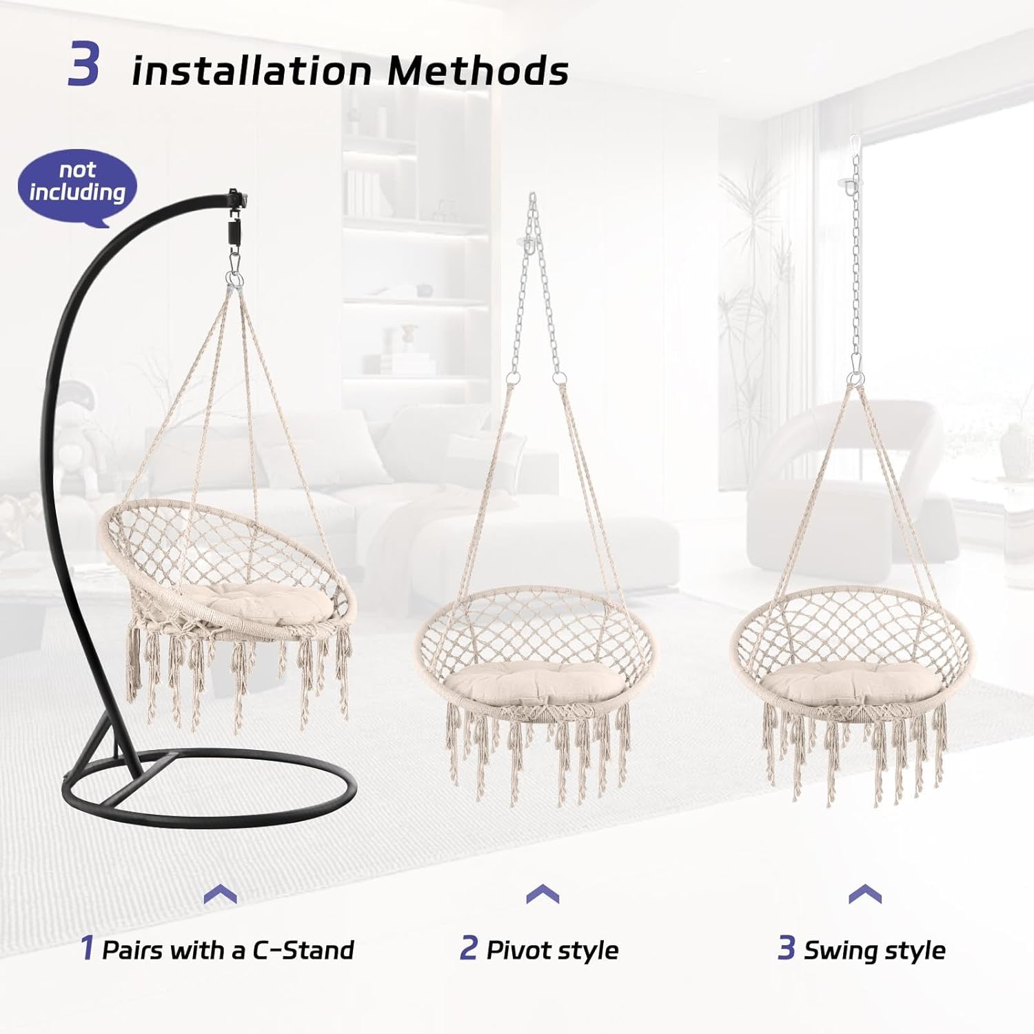 Macrame Hammock Chair Hanging Swing with Comfortable Cushion, Adult Boho Tasseled Swing Chair Holds up to 500 lb for Bedroom, Patio, Balcony, Garden (Beige)