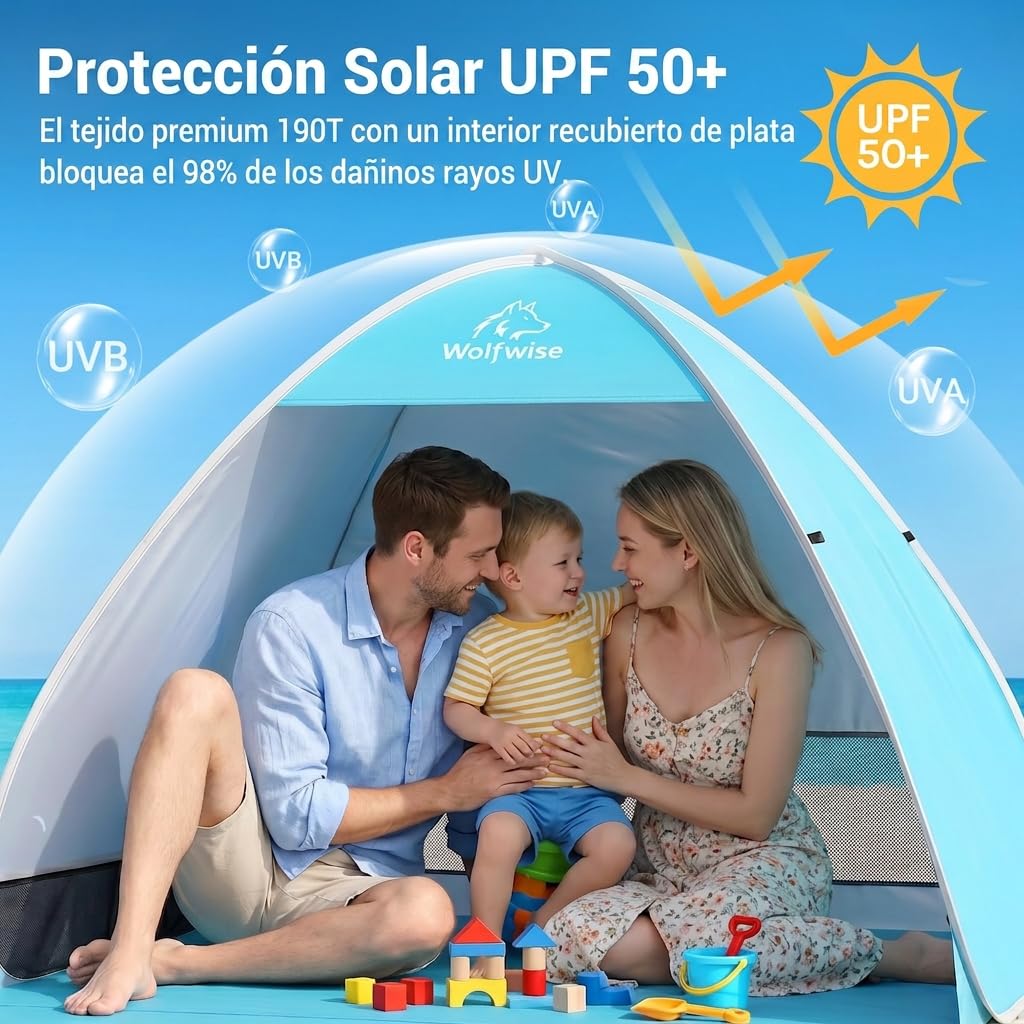 Wolfwise Carpa de Playa desplegable para 2-3 Personas, Refugio de Playa con protección UV 50+, Montaje en Segundos, Repelente al Agua y ventilada, 150 x 120 x 110 cm (59 x 47 x 43 in), Azul