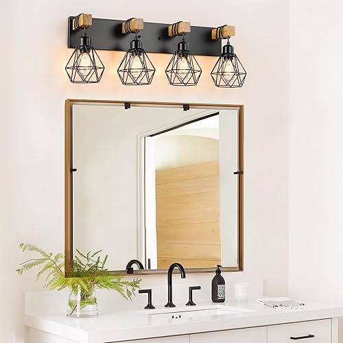 Miniatura 2 de Lámparas de tocador de baño de granja de 4 luces, lámparas de baño de madera sobre el espejo, apliques rústicos con elegante pantalla de metal para